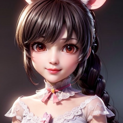 masterpiece,best quality,illustration,anime,simple gray background,solo,portrait,upper_body,smile,xiaowu,1girl,(child:1.2),long hair,braid,rabbit ears,pink lace dress,very long hair,brown hair,flat chest,black hair,brown eyes,ponytail,choker,<lora:xiaowu_20240306204015:0.7>,<lora:add_detail:1>,