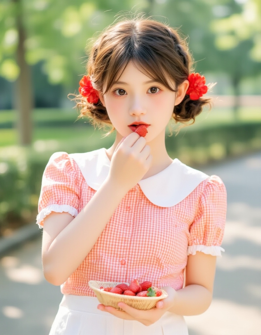 <lora:发丝发光:1>，The image is a portrait of a young women with dark hair styled in an updo with red flowers in her hair. She is wearing a red and white checkered blouse with a white skirt. The girl is holding a small basket of strawberries in her right hand and is biting into one of the strawberries with her left hand. The background is blurred, but it appears to be a park or garden with trees and greenery. The lighting is soft and warm, creating a dreamy atmosphere. The overall mood of the image is playful and whimsical.