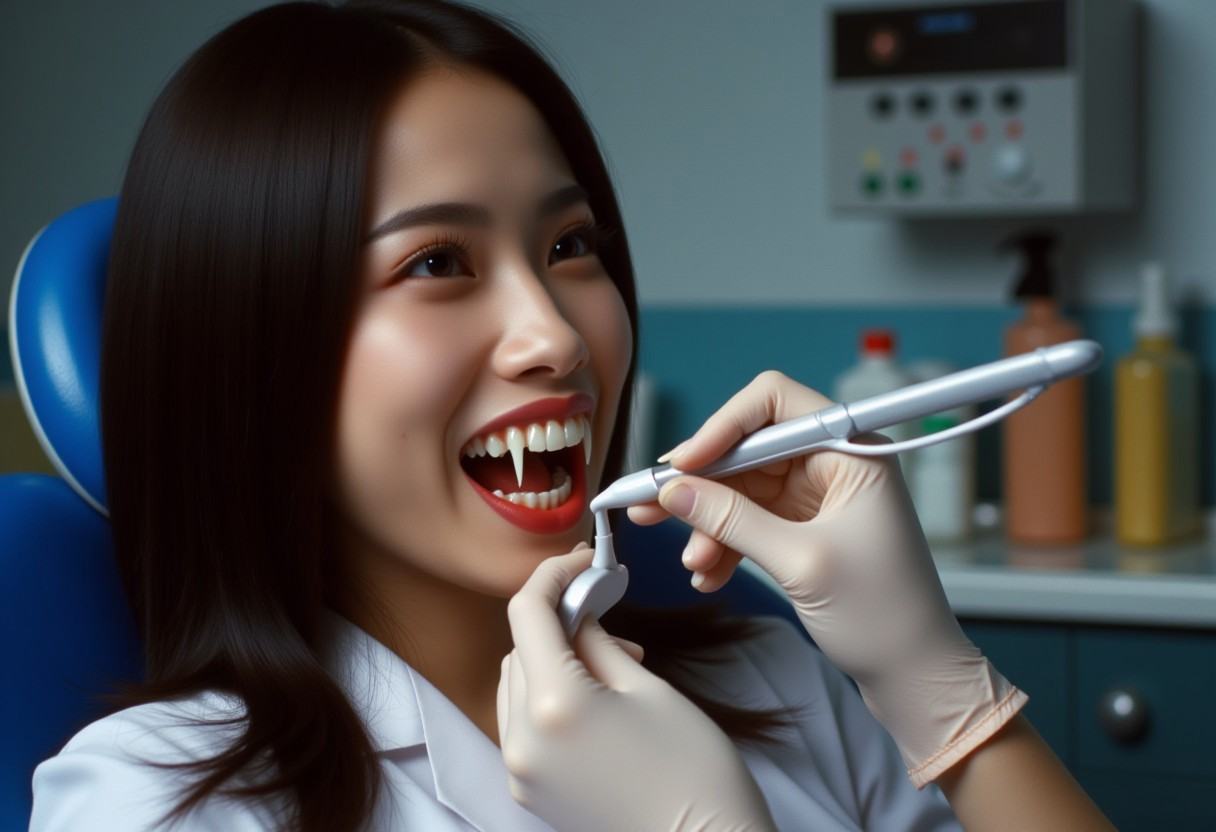 Vampyfangs1. a film still photo. 35mm. 4k. From a 2003 movie. An asian vampire woman is showing off her fangs,  she is at...