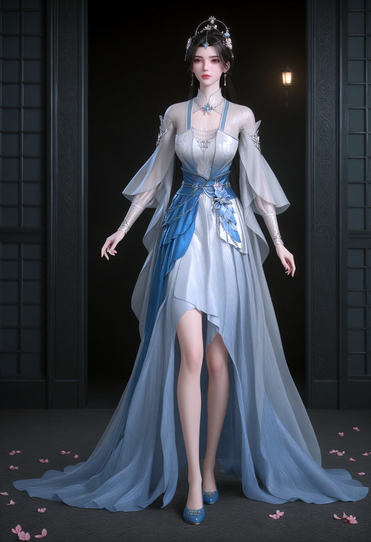 (full_body:1.1),(gigantic breasts:0.6),(slender:1.3),(looking_at_viewer:1.1),(masterpiece:1.1),(best quality:1.2),(intricate details),(smog:1.3),(Dark room:1.3),(dim lighting:1.3),peach blossom,falling petals,<lora:YQ_Illustrious光辉v5_李慕婉白衣_V1:0.8>,(q1528437228:1.1),solo,1girl,black_hair,hair_ornament,long_hair,jewelry,dress,earrings,white_dress,sash,long_sleeves,chinese_clothes,hair_bun,tiara,veil,bracelet,flower,clothing_cutout,see-through,ponytail,see-through_sleeves,single_hair_bun,blue_dress,blue_footwear,masterpiece,(best quality),(intricate details:0.9) BREAK (intricate details:0.9),(realistic skin:1.2),masterpiece,best quality,newest,absurdres,hiahres,