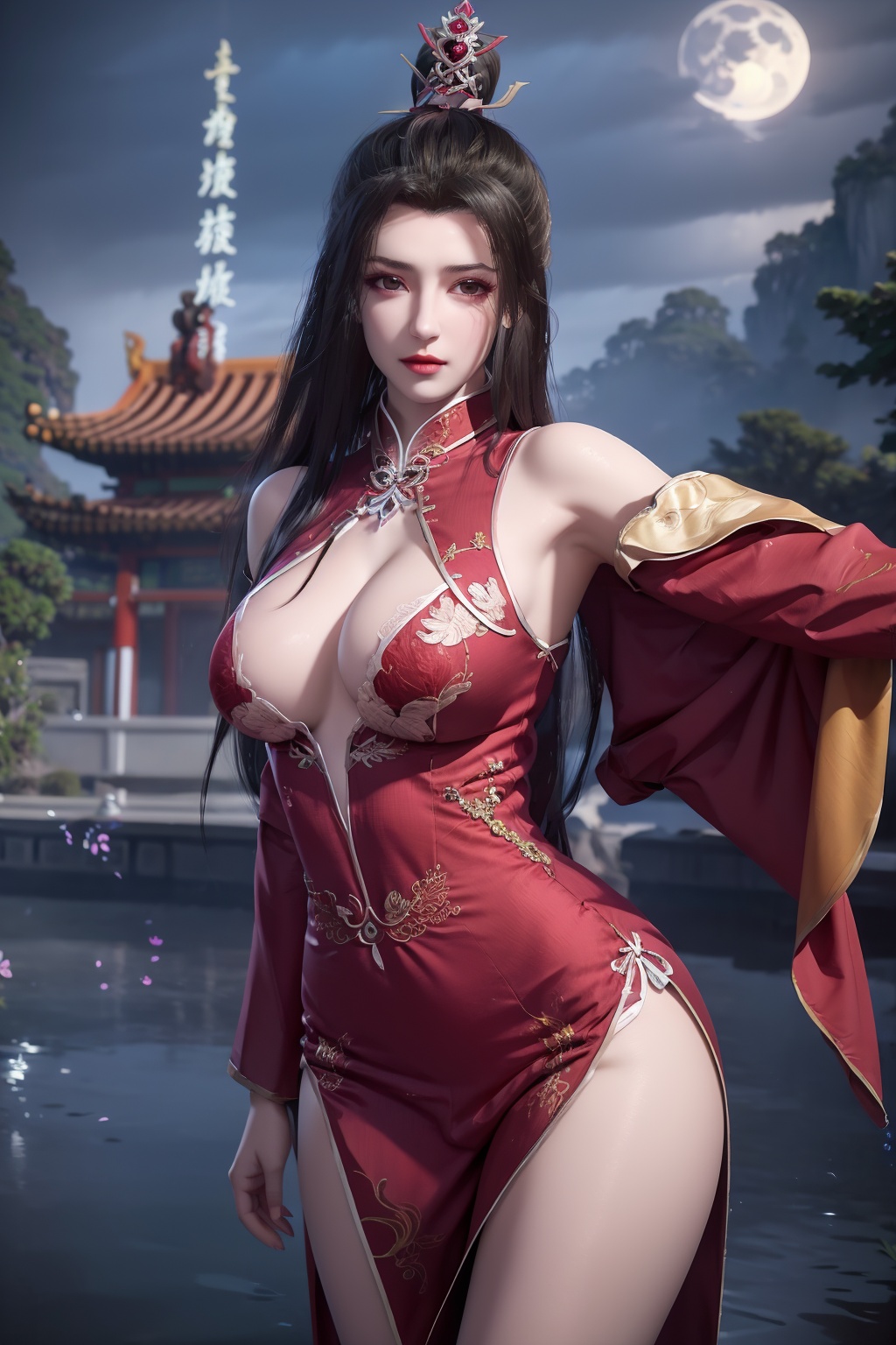standing,dress,chinese clothes,flower,full_moon,moon,night,lily_pad,lotus,moonlight,nipples,water,night_sky,lily_\(flower\),sky,partially_submerged,1girl,solo,hair ornament,realistic,nail polish,photo_\(medium\),(big breasts, cleavage),makeup,(8k, RAW photo, best quality, masterpiece:1.2),(realistic, photorealistic:1.3),ultra-detailed,extremely detailed cg 8k wallpaper,(crystalstexture skin:1.2),extremely delicate and beautiful,(sexy pose:1.2),chinese dress,