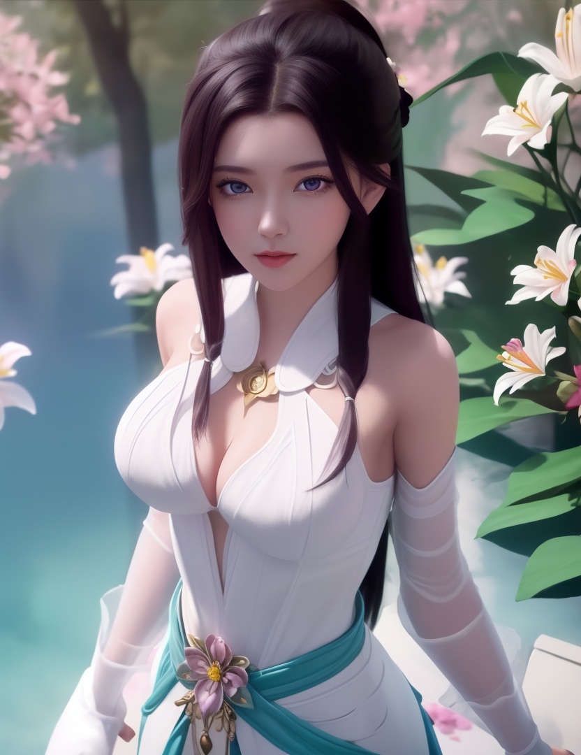 <lora:516-DA-万古狂帝-楚柳儿:0.8>(,1girl, ,best quality, ),looking at viewer,  ,ultra detailed 8k cg,ultra detailed background,ultra realistic 8k cg,1girl, solo,(bare shoulders:0.85),(masterpiece, best quality),((oil painting style)),sexy young lady,(beautiful face and eyes),(upper body:1.5),(whole body:1.05),(single person:1.2),surrounded by flowers, (lily), roses, floret, vegetation, white, purple, purplish pink,Impressionism,colorful,(Breast size:1.3),(cleavage),