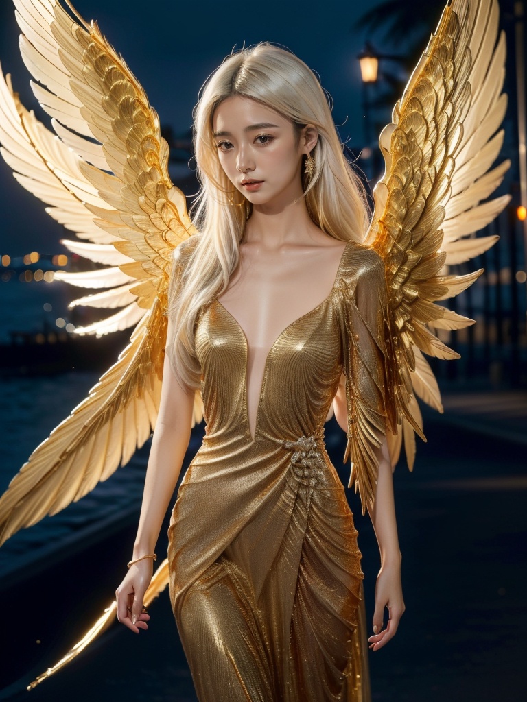 jinyingnvshen,masterpiece,best quality,1girl,exquisite details,set at night by the seaside,white hair,jewelry,<lora:jinyingnvshen-000004:0.7>,exquisite evening dress,small golden wings,((bust)),