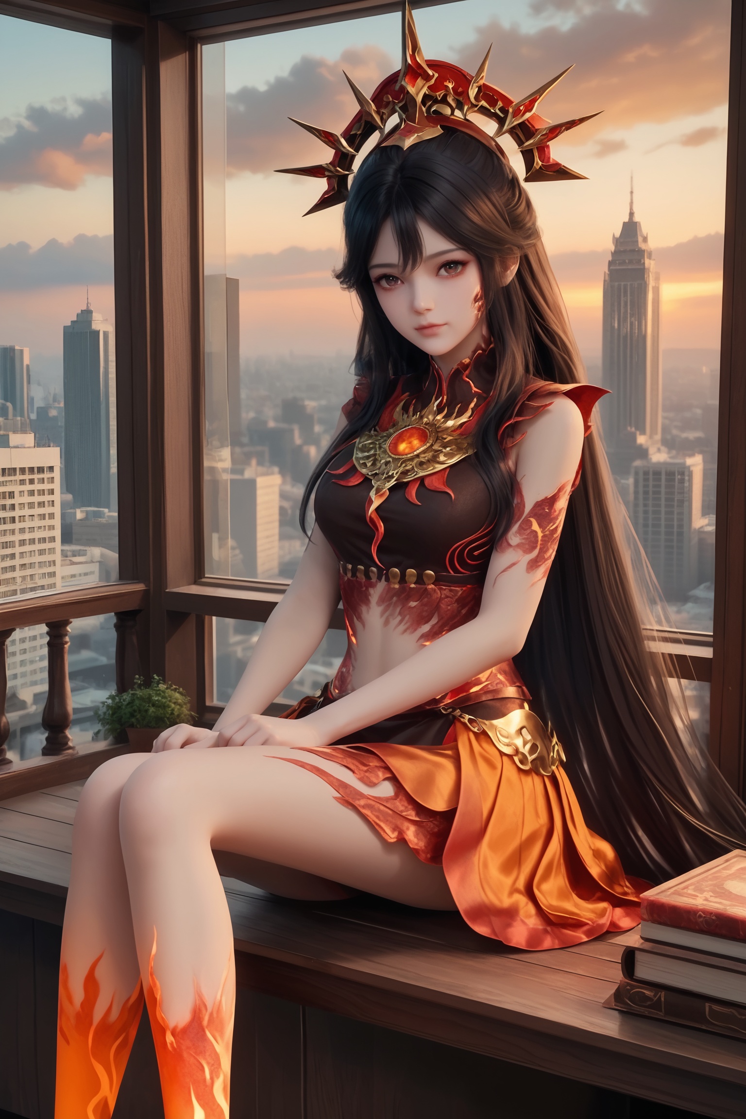 score_9_up,1girl,solo,sitting,window,frills,sky,cloud,indoors,cityscape,closed_mouth,sunset,looking at viewer,<lora:牧神记-炎晶晶Pony:0.6>,long,flowing dark hair,large,ornate headdress,a minimalistic,fiery red outfit,a fiery red design,flames,sleeveless top,high collar,draped skirt.,