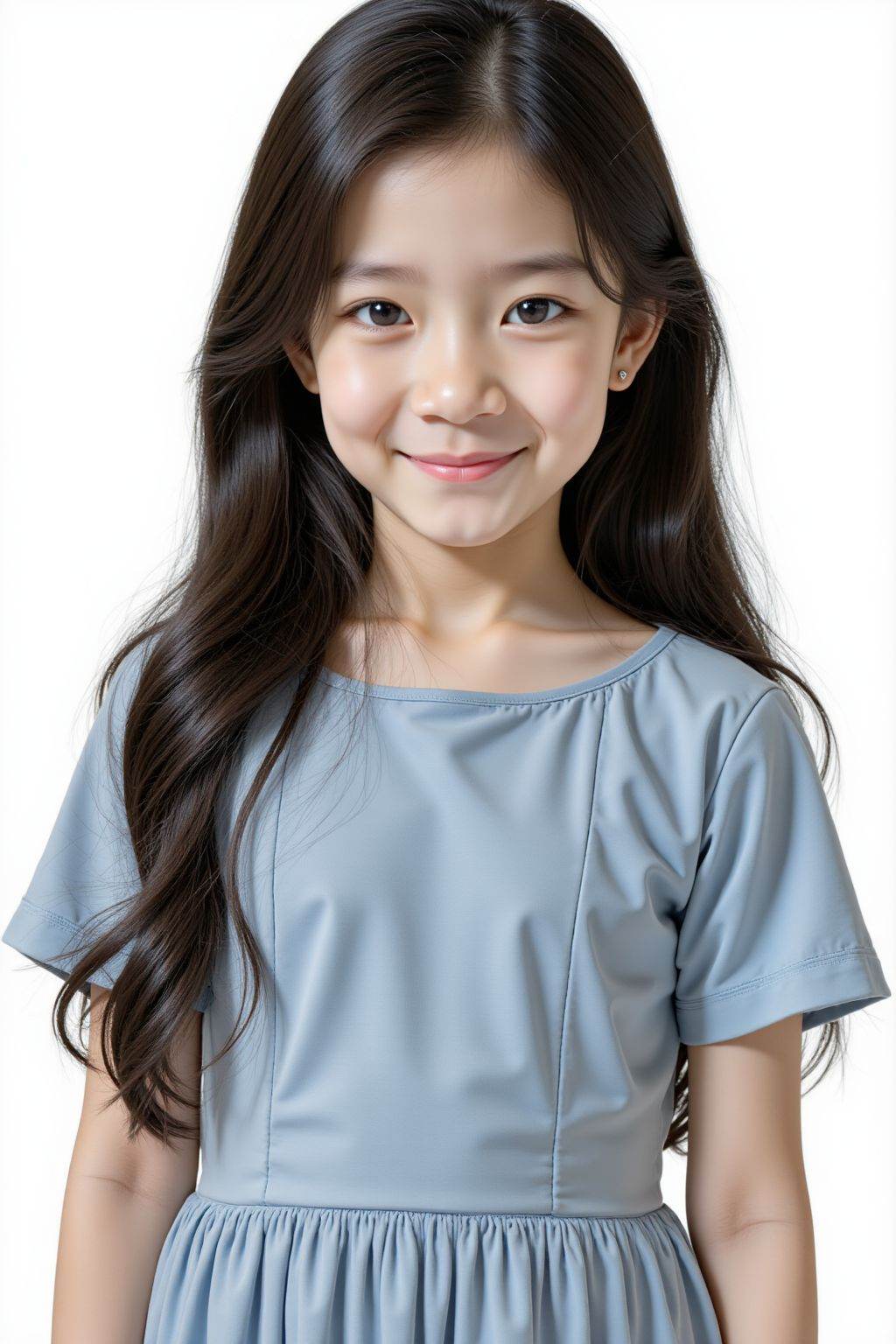 HDR photo of cinematic film still, A 15-year-old female, black long hair, looking at the viewer, smirk, close up. She is wearing a blue boatneck dress, standing in front of a white background.