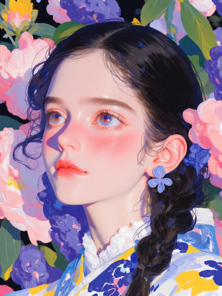 BAI, This is a digital painting of a young woman with fair skin and long, wavy black hair styled in a side braid. She wears a vibrant floral kimono with blue, yellow, and white patterns. Her large, expressive eyes and rosy cheeks are highlighted by soft lighting. Pink flowers and green leaves form the background