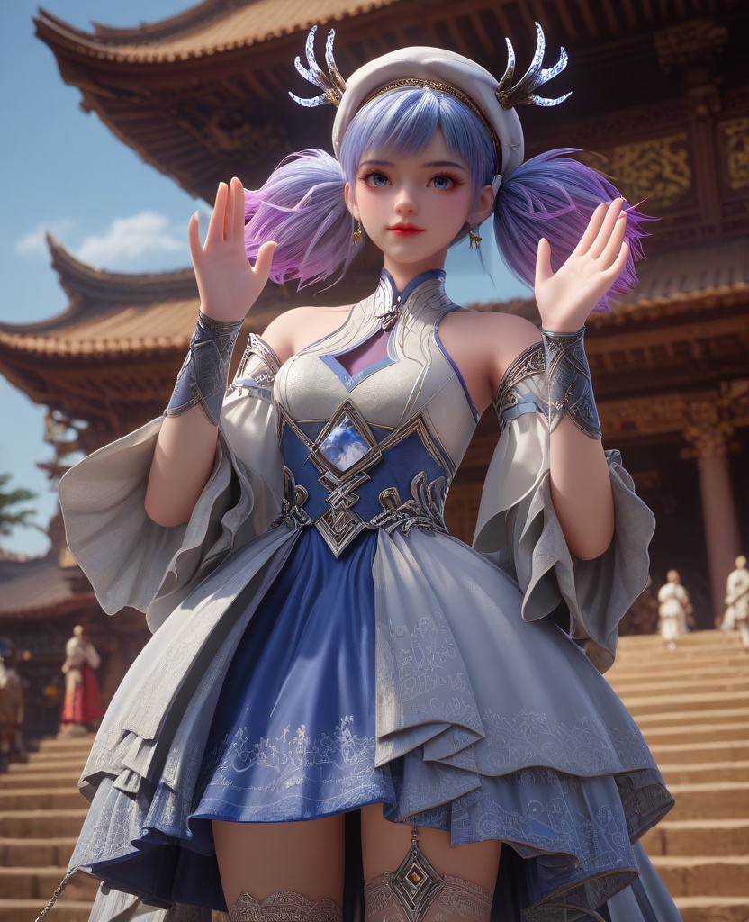 (oriental architecture, elegant decor, sophisticated style:1.1),(waving a wand,casting a spell:1.1),(breasts:1.2),<lora:XL16克金玩家小麋鹿:0.95>,miss xiaomilu,white gothic lolita dress,blue petticoat,blue eyes,short twintails,unicorn hair,white hat,antlers,jewelry,ombre lace thighhighs,, zPDXL2, score_9, score_8_up, score_7_up BREAK realistic, masterpiece,best quality, highly detailed,, zPDXL3, zPDXL2,zPDXL, zPDXLxxx, zPDXLrl,