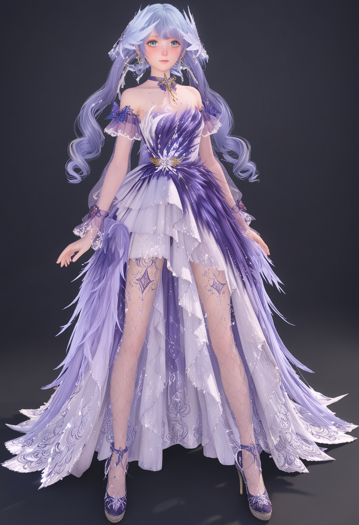 (full_body:1.1),(looking at viewer:1.1),facing viewer,direct gaze,<lora:YQ_pony_nuannuan21_chiyubuyu_zhigengniaoranse_V4:0.8>,1girl,solo,long hair,dress,jewelry,earrings,choker,purple dress,blue hair,purple hair,hair ornament,blue eyes,twintails,fishnet pantyhose,high heels,purple choker,see-through,BREAK (white skin:1.1),(fair skin:1.1),(Ivory skin:1.1),(shiny skin),perfect anatomy,(simple background,pure black background,black background:1.1),