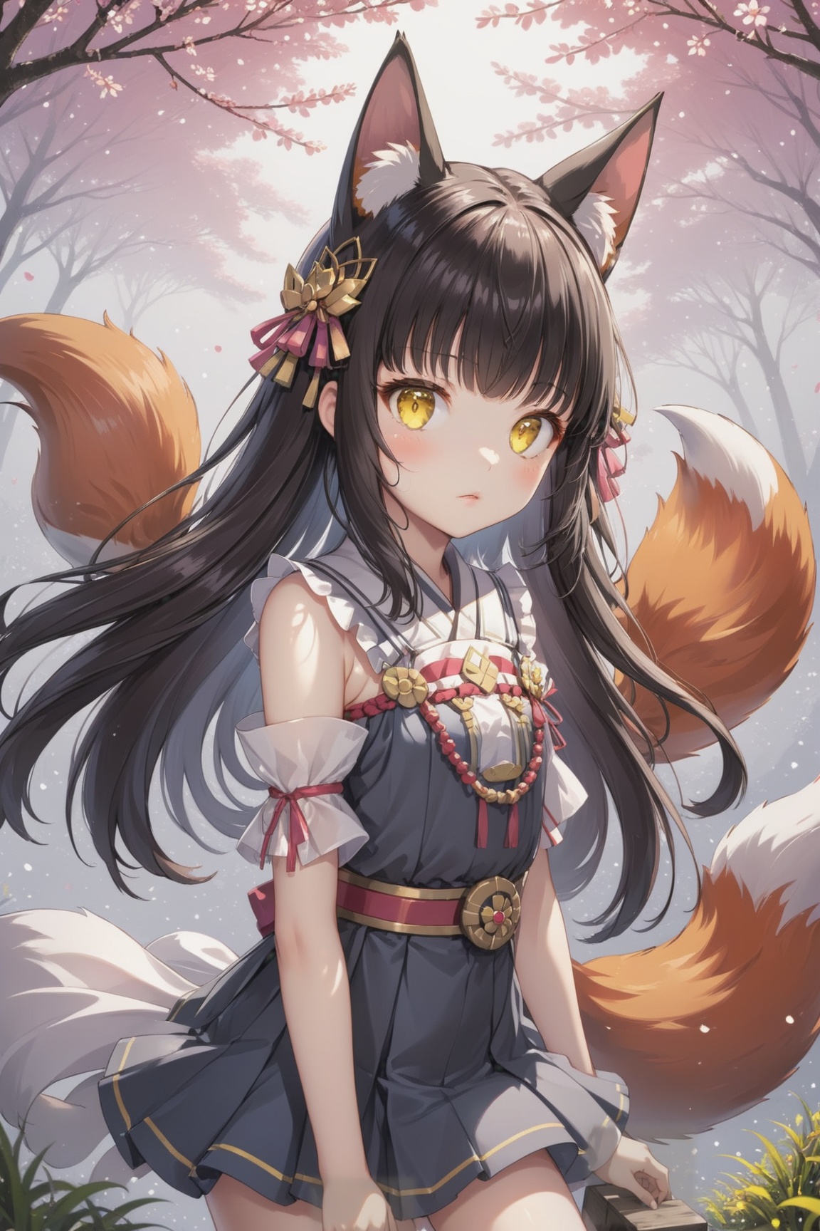 (masterpiece),(best quality),illustration,ultra detailed,hdr,Depth of field,(colorful),[iumu],[Sheya],[Artist chen bin],transparent background,1girl,(loli:1.3),solo,full body,tachi-e,nagato,black_hair,yellow_eyes,fox_ears,fox_tail,