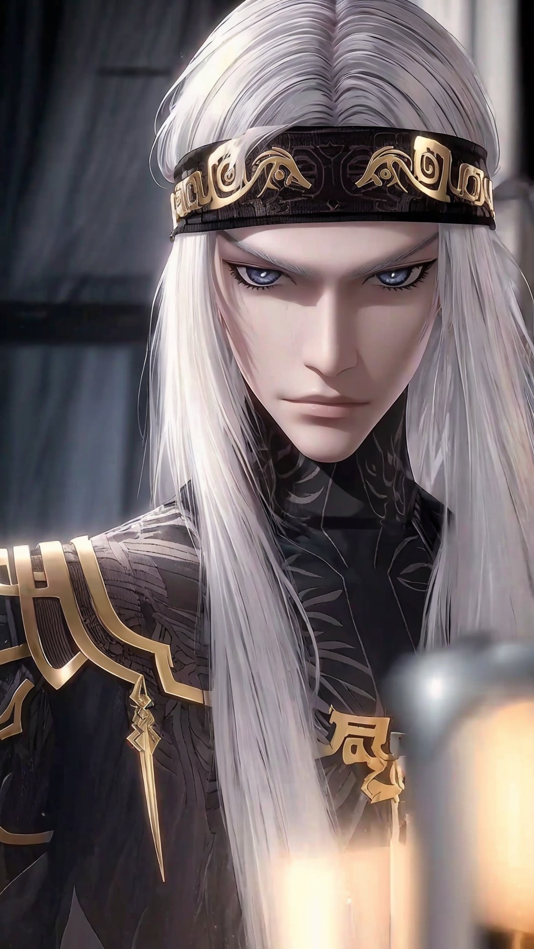 1boy,male focus,solo,headband,white hair,armor,long hair,looking at viewer,curtains,grey eyes,<lora:Weizhuang man Boy Handsome boy_20240829170049:0.8>,full_shot,incredibly absurdres,wallpaper,moody lighting,<lora:MN:0.4>,