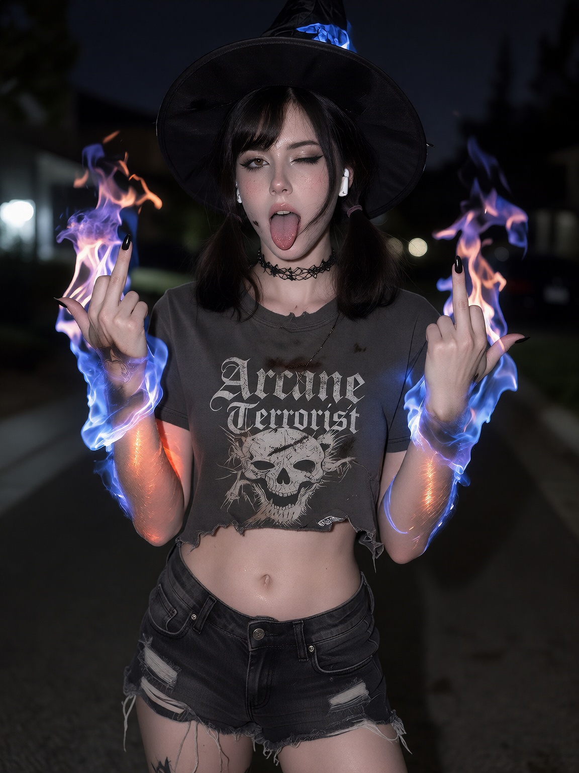 Aesthetic digital photography,  portrait,  shallow depth of field at night of a 20-year-old goth girl with twin pigtails o...