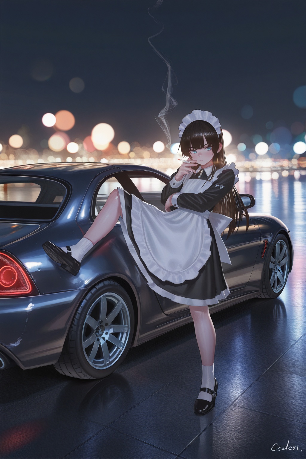 anime 3d poster by D. Jun,Unreal Engine render,beauty anime schoolgirls in Japanese maid's clothes and hugging inside a JDM car at night among the American cottages,anime vintage colors,bokeh,ultra realistic,foggy,daz 3d,octane render,trending on artstation,volumetric light,cinematic poster,octane render,(redshift render:0.78),ultra realistic,oil painting,smoking,cigarette,, (reoen:2),(adpx:1),(shexyo),(asakuraf:1.5),(tianliangduohefangdongye:1), masterpiece,best quality,amazing quality,very aesthetic,absurdres,newest,sceneryï¼Œmasterpiece, best quality, amazing quality, very aesthetic, absurdres, newest,
