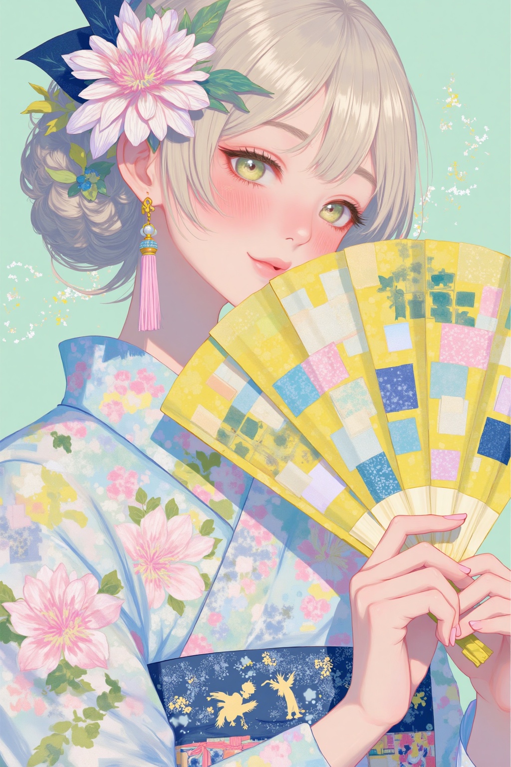 beijihui,An animated portrait of a woman in a blue kimono with pink and white flowers on it. The woman is holding a yellow fan that is made up of small squares of different colors. Her hair is a light blonde color. Her eyes are closed and her lips are a darker pink. She is wearing a pair of earrings that are dangling from her left ear. Her left ear is adorned with a pink tassel. Her right hand is resting on the fan. The background is a mint green color.