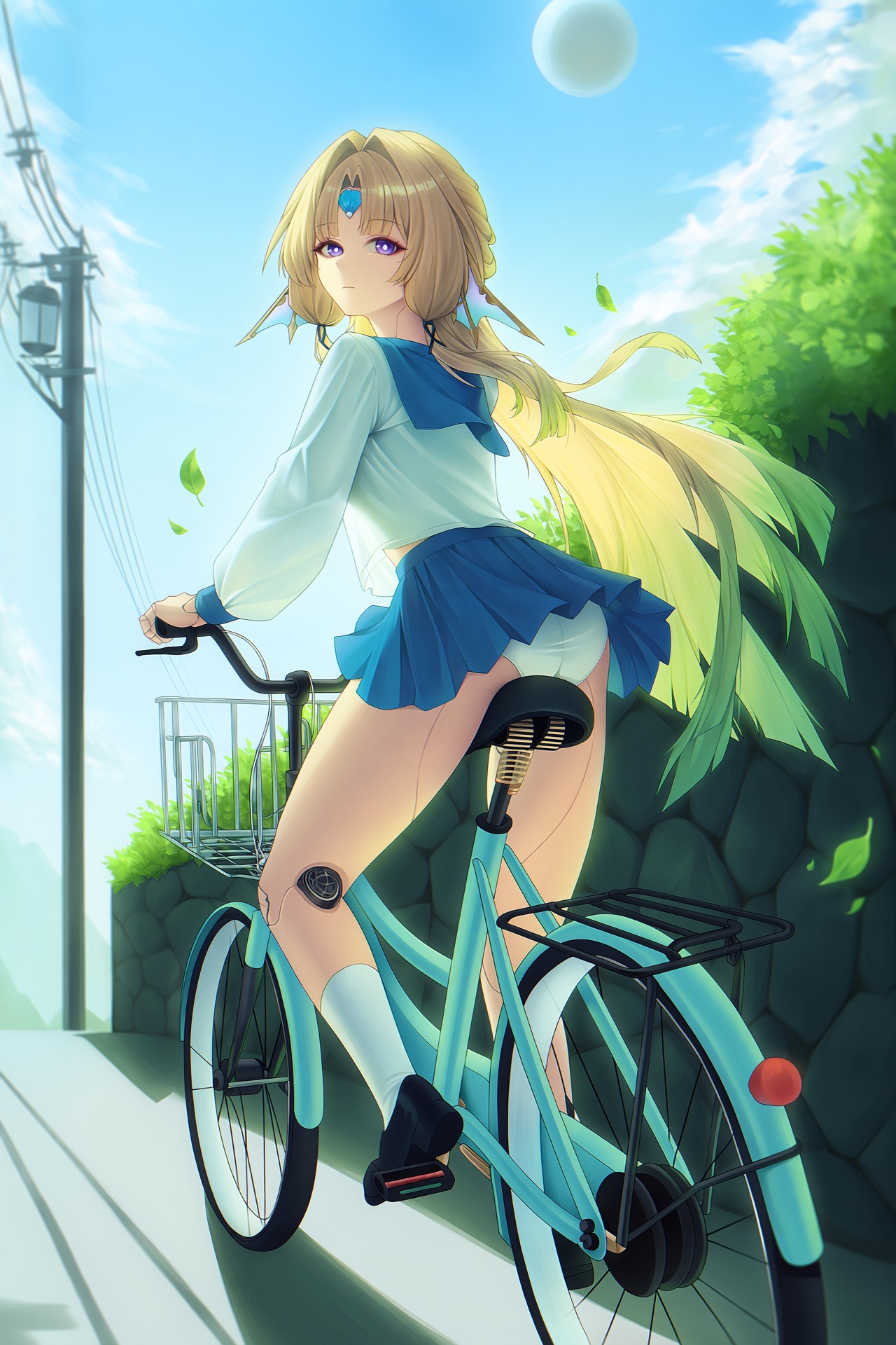 @et0,  pearl (honkai: star rail),  A low rear three-quarter view shows a single anime-style android girl riding a pale blu...