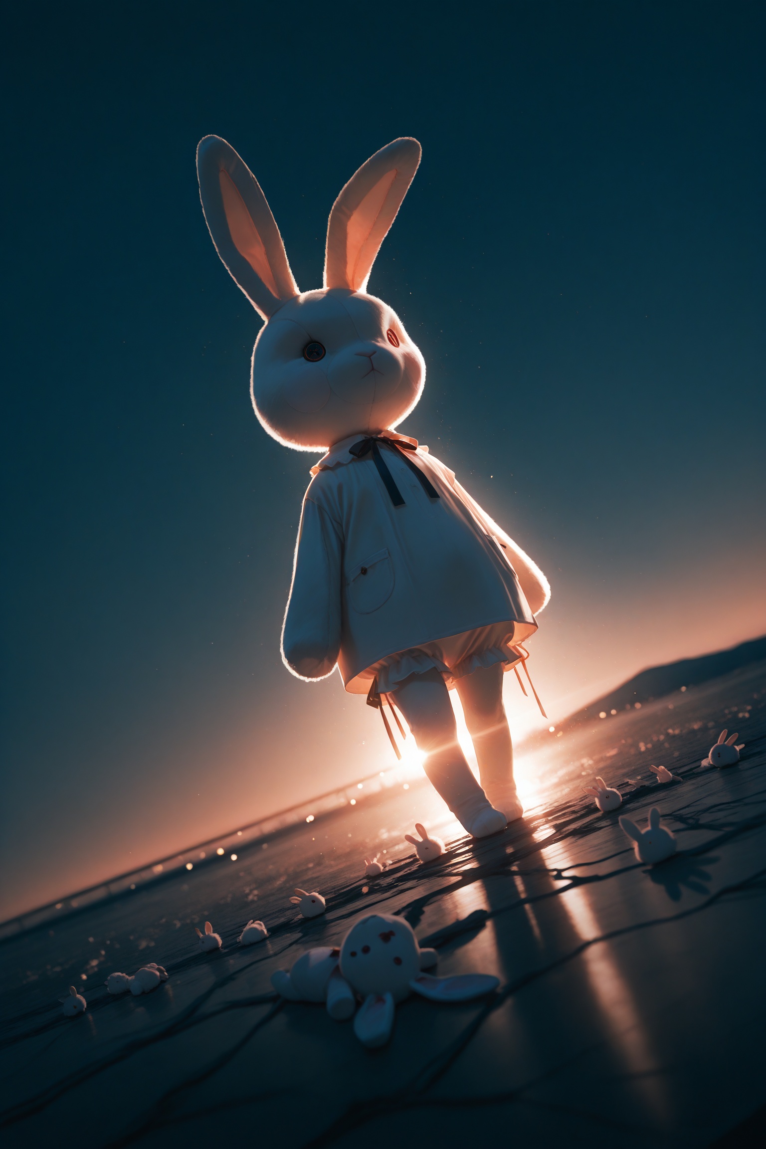 masterpiece,best quality,amazing quality,very aesthetic,absurdres,newest,extreme aesthetic,in the style of fashion photography,light particles,cinematic lighting,Visual impact,sharp focus,Emotionalization,depth of field,dutch angle,scenery,volumetric lighting,surreal,***** woman,stuffed rabbit,