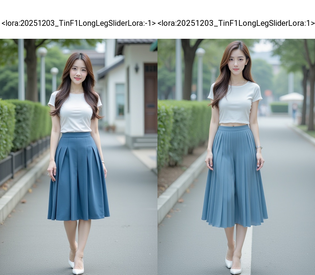 <lora:20251203_TinF1LongLegSliderLora:-1>,HDR photo of cinematic film still, A young woman with long brown hair wearing a short white boatneck and blue pleated skirt, looking at viewer, white high heel shoes, full body, outdoors,