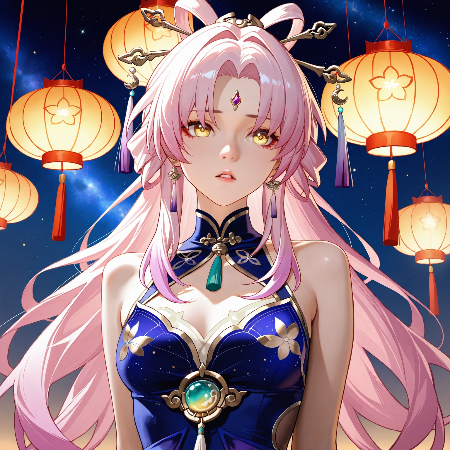 realistic,2.5D,photorealistic,1girl absurdres arihara_nene bare_shoulders breasts chinese_clothes dress feixianji_(hairstyle) forehead_jewel fu_xuan_(honkai:_star_rail) full_body highres honkai:_star_rail honkai_(series) lantern layered_dress long_hair pantyhose paper_lantern parted_lips pink_dress sleeveless sleeveless_dress small_breasts solo star_(sky) starry_sky_background white_pantyhose yellow_eyes