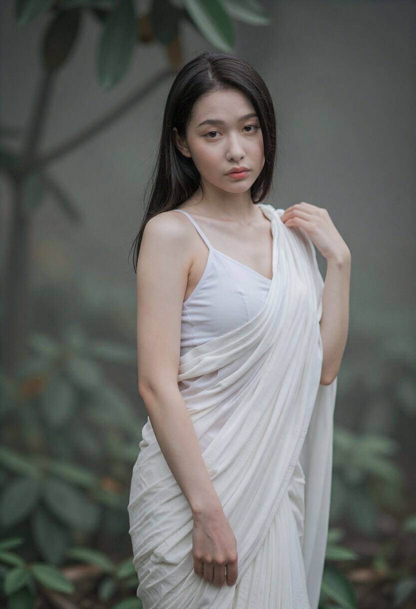 Striking portrait of a young sexy petite Korean woman in a white saree,  standing amidst lush green foliage and mist. Medi...