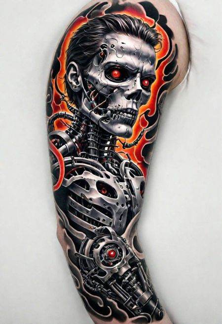 Create a detailed and imposing tattoo design of the Terminator T-800,  focusing on the intricate mechanical structure and...