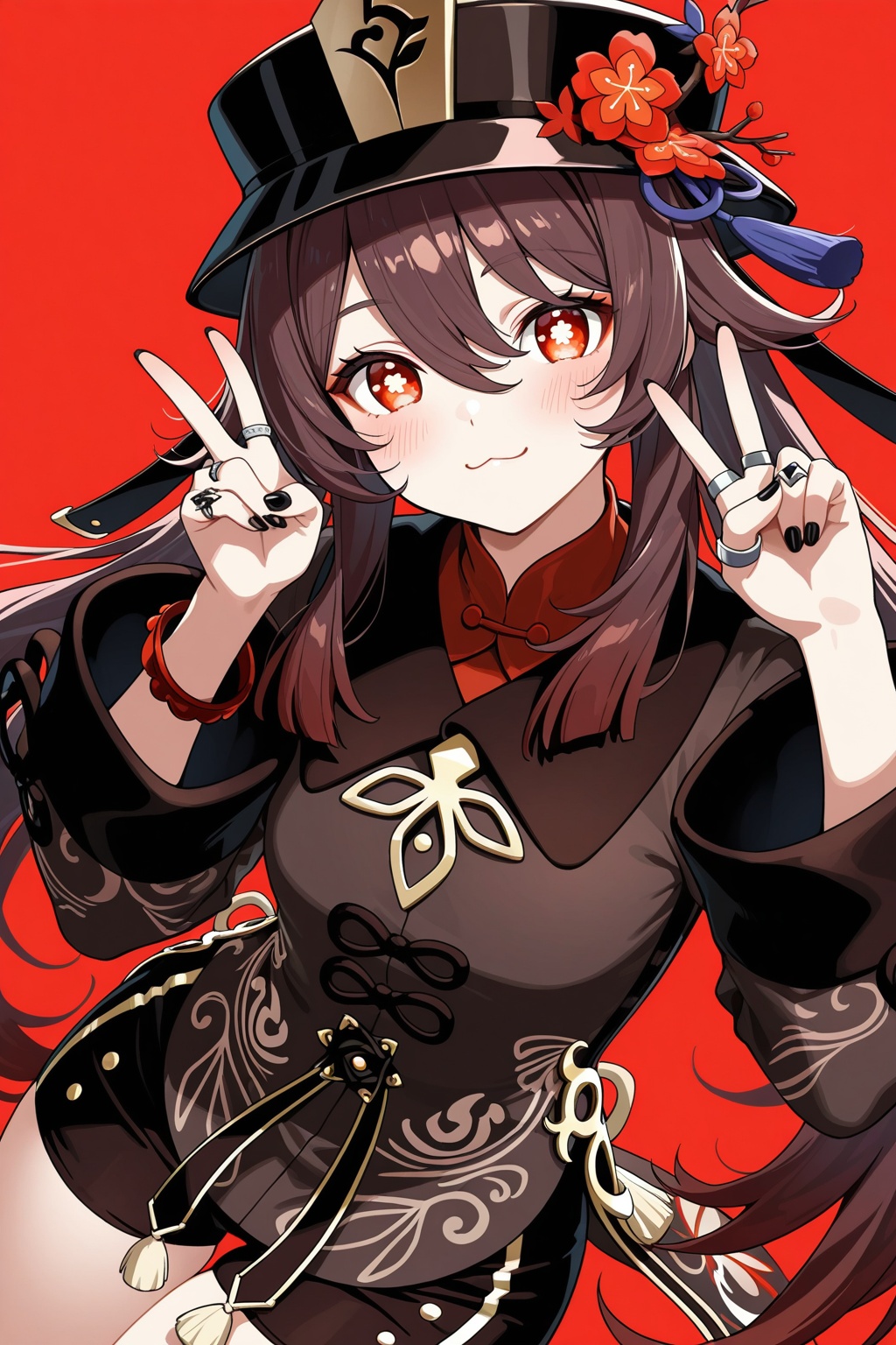 masterpiece, best quality, 1girl, hu tao (genshin impact), hat, red eyes, ring, solo, jewelry, brown hair, red background, flower, looking at viewer, black nails, symbol-shaped pupils, hat flower, plum blossoms, long sleeves, smile, long hair, simple background, twintails, multiple rings, flower-shaped pupils, blush, chinese clothes, shorts, black headwear, nail polish, porkpie hat, v, bangs, bracelet, :3, hair between eyes