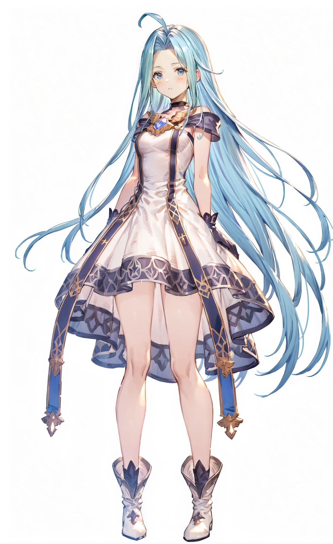 8k, best quality, masterpiece, (ultra-detailed), (high detailed skin), (white background:1.5),(full body), (white background), standing, looking at viewer, (solo),<lora:GBFV1-A3-Tanger-000013:0.75>,lyria (granblue fantasy ), lyria's 2nd clothes,  1girl, long hair, solo, dress, ahoge, blue eyes, full body, blue hair, very long hair, gloves, white dress,full_shot,
