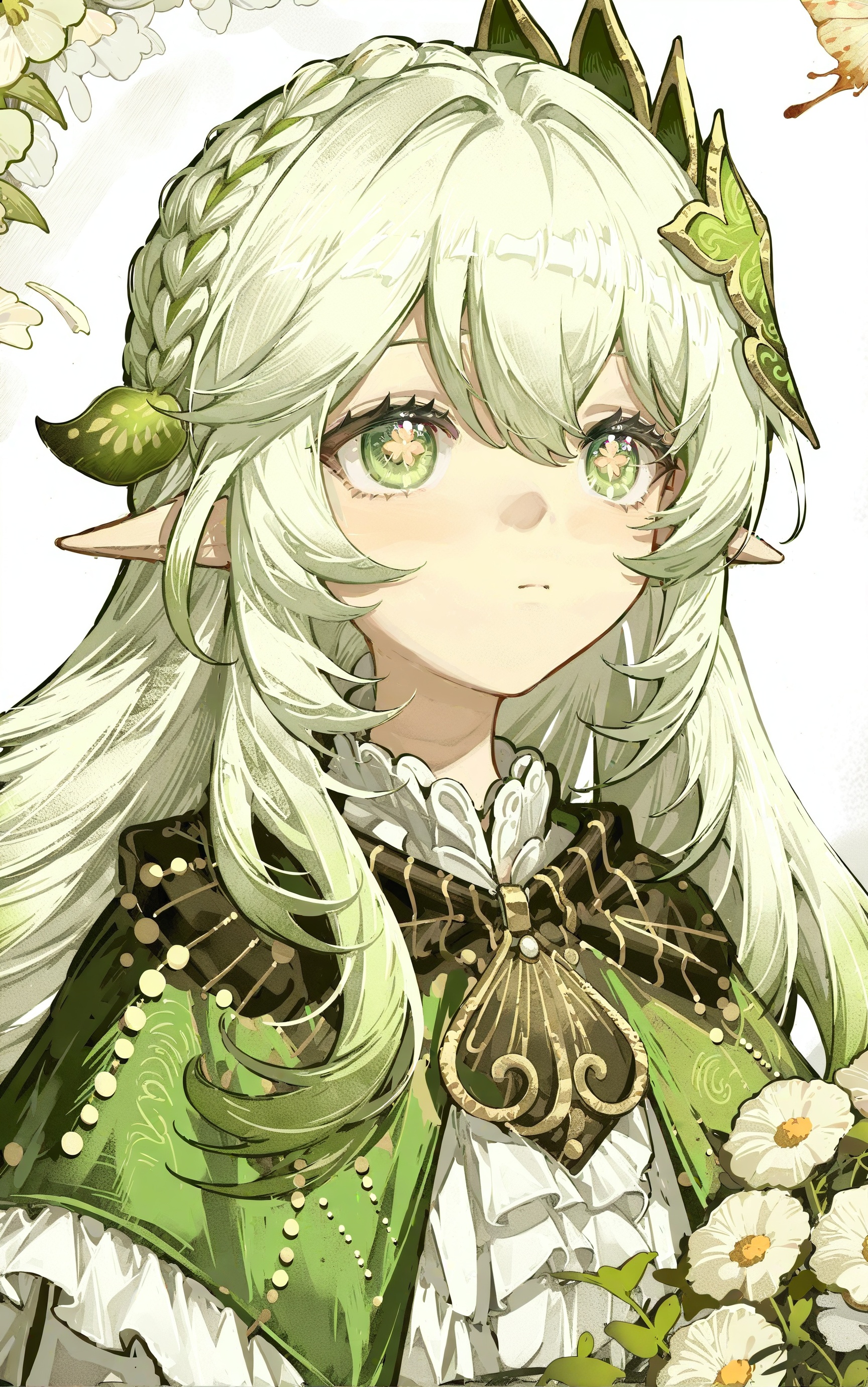 Reverse:1999,1girl,pointy ears,green eyes,solo,hair ornament,long hair,green capelet,green hair,multicolored hair,nahida \(genshin impact\),flower,upper body,white hair,capelet,butterfly,white background,frills,gradient hair,bug,white flower,closed mouth,shirt,green cape,cropped torso,, Negative prompt: ng_deepnegative_v1_75t,badhandv4,EasyNegative,worst quality,lowres,bad anatomy,bad hands,text,error,missing finger,extra digits,fewer digits,cropped,worst quality,low quality,low score,bad score,average score,signature,watermark,username,blurry,,nsfw, Steps: 39, Sampler: Euler a, CFG scale: 6.0, Seed: 275039761, Size: 960x1536, Model hash: 6681e8e4b1, Model: NoobAI-XL (NAI-XL)_Eps-pred 110%.safetensors, Denoising strength: 0.36, RNG: CPU, Lora 1: 重返未来1999官方壁纸风格_Reverse:1999, Lora Hash 1: 346a713172, Lora Weight 1: 1.0, vae_name: automatic, Hires resize: 1728x2764, Hires steps: 16, Hires upscaler: R-ESRGAN_4x+ Anime6B
