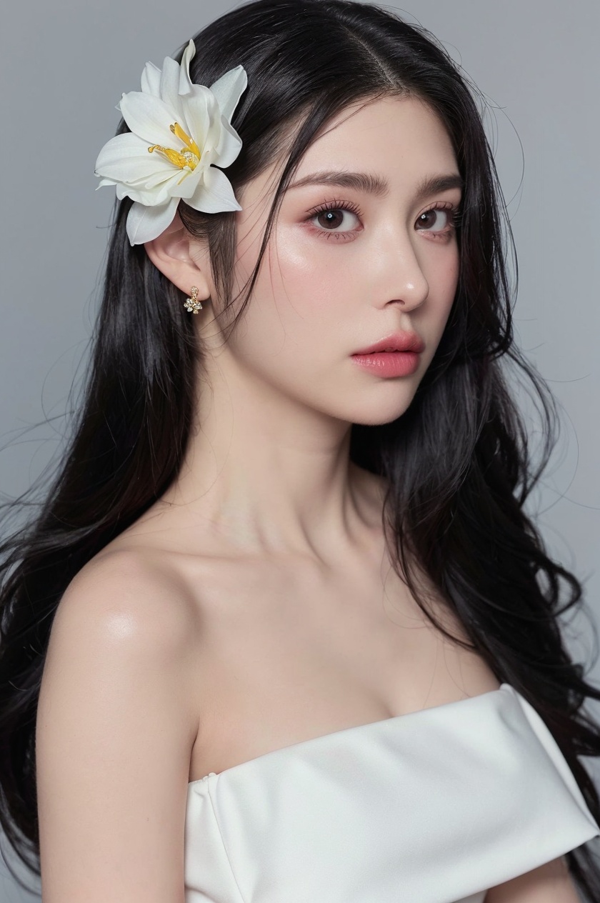 1girl, solo,(front view:1.2),(looking_at_viewer:1.4),(eye-contact:1.4),,black hair, long hair, jewelry, realistic, earrings, hair ornament, black eyes, lips, collarbone, parted lips, flower, watermark, upper body, portrait, hair flower, dress, web address,  <lora:YG红颜阁美女3:0.8>,