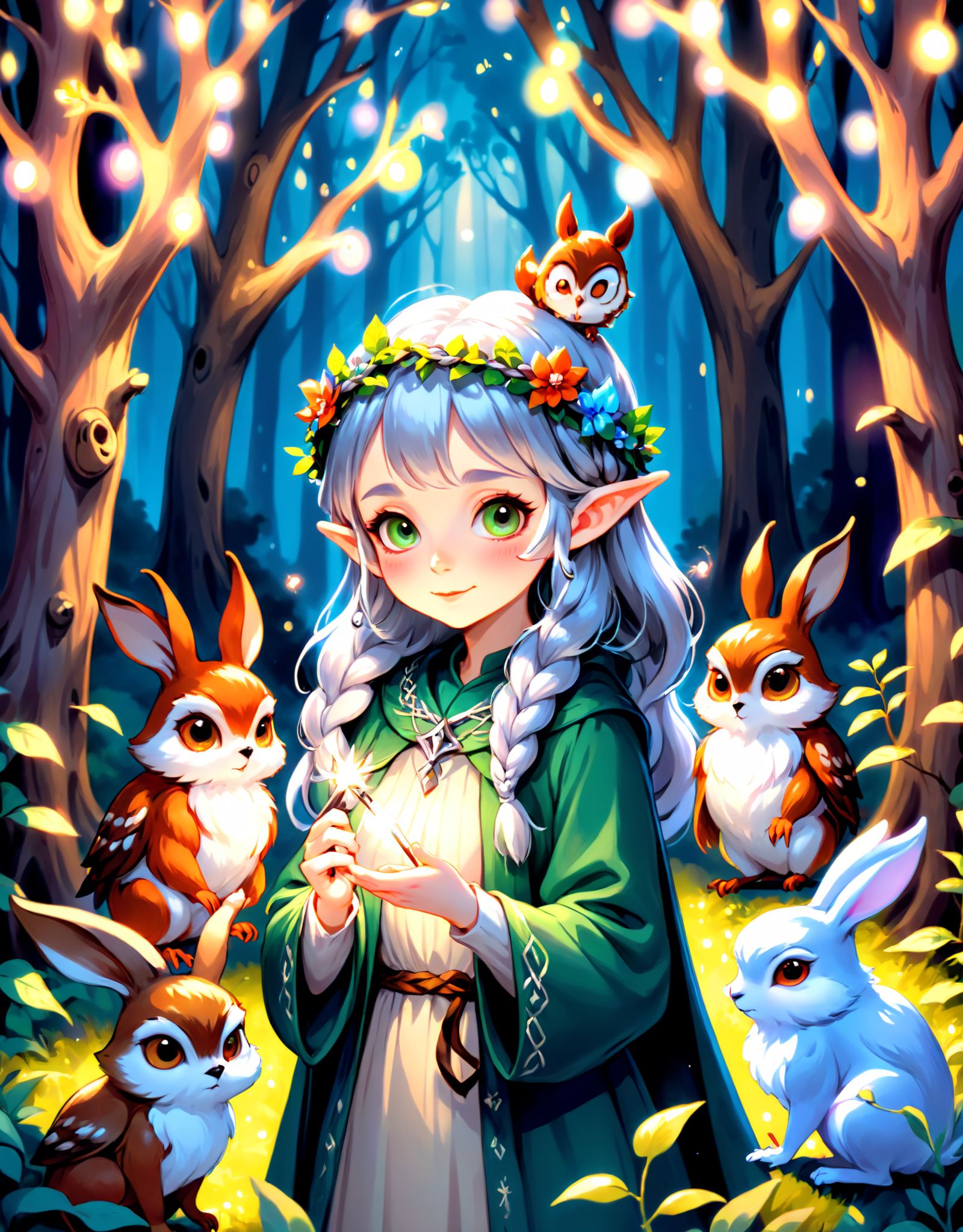 Image type of Illustration:An enchanting illustration of a 100-year-old elf girl with silver braided hair,  wearing a deli...