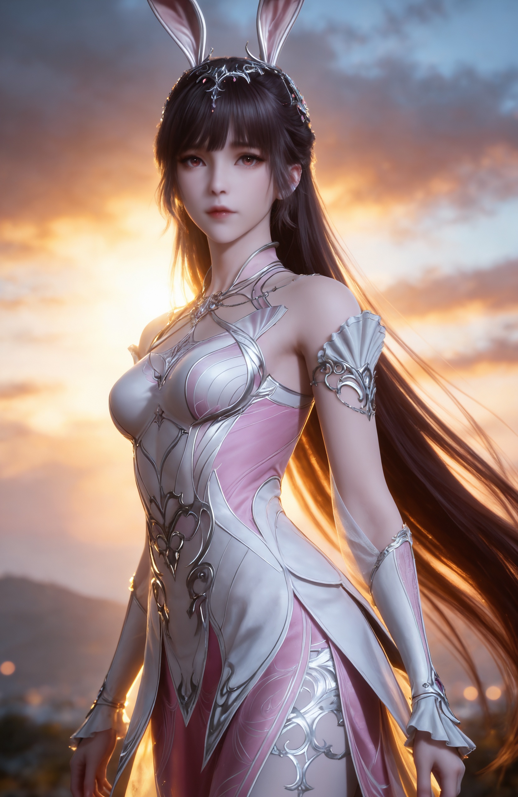 <lora:斗罗大陆-小舞IL:0.7> 1girl, long hair, brown hair, hair ornament, rabbit ears, pink dress, metal collar, bare shoulders, white pantyhose, high heels, realistic style photo,outstanding style,Use soft lighting to cast gentle shadows on the subject,adding a touch of dimension to your images without compromising details,whirls of vapor,(Anime:1.1),soft neon light,ethereal ambiance,delicate details,magical atmosphere,concept art,highly detailed,ultra-high resolution,32K UHD,sharp focus,best-quality,masterpiece,golden hour,unconventional supreme masterpiece,masterful details,temperate atmosphere,with a high-end texture,in the style of fashion photography,magazine style,Dynamic Angle,Dynamic posture,magazine style,Dynamic Angle,Dynamic posture,(cowboy_shot:1.2),eye trail,depth of field,cinematic lighting,lens flare,close-up,extreme aesthetic,(wlop:0.6),(honjou raita,lack,rella,wanke:0.5),masterpiece,best quality,good quality,newest,year 2025,very aesthetic,absurdres,Visual impact,A shot with tension,ultra-high resolution,32K UHD,sharp focus,best-quality,masterpiece,Emotionalization,unconventional supreme masterpiece,masterful details,temperate atmosphere,with a high-end texture,in the style of fashion photography,(Visual impact:1.2),giving the poster a dynamic and visually striking appearance,, realistic style,white background,upper body,looking at viewer,dynamic posture,