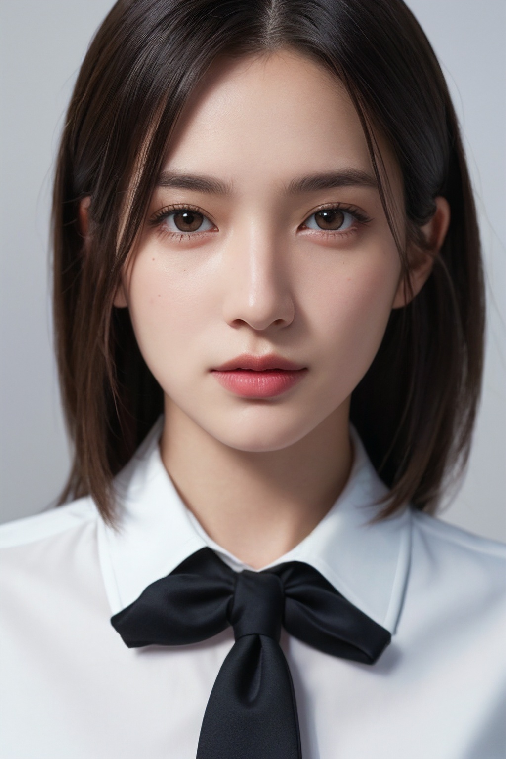 masterpiece,best quality,ultra-detailed,ultra high res,(photorealistic:1.4),raw photo,(realistic:0.2),8k HDR,realistic lighting,1girl,solo,looking at viewer,asymmetrical hair,(detailed pores),(detailed skin textures),(detailed face),(simple background),(full body:1.2),black suits,white collared shirts,black pants,<lora:Tissue_Haewon_v1.5:0.8>,