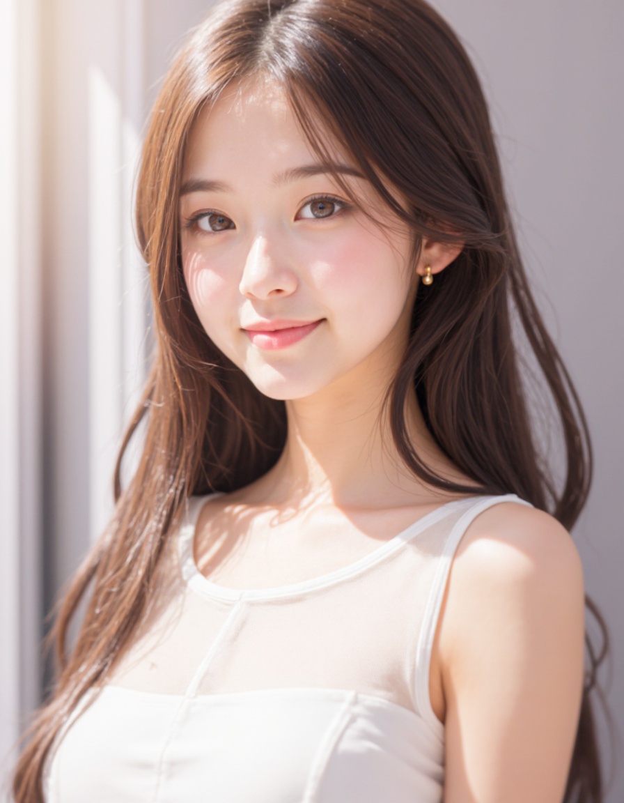 1girl, solo, realistic, brown hair, looking at viewer, dress, long hair, smile, white dress, brown eyes, photorealistic, blurry background, upper body, lips, blurry, sleeveless, breasts