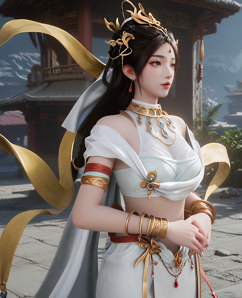 (oriental architecture, elegant decor, sophisticated style:1.1),(looking away:1.1),(breasts:1.2),<lora:XL16遮天瑶池圣女:0.95>,miss yaochi,sarashi,cleavage mesh,choker,white wrap skirt,silk shawl,grey eyes,black hair,long hair,hair ornament,jewelry,earrings,forehead pendan,armlet,bracelet,white headscarf,, score_9,score_8_up,score_7_up,score_6_up,score_5_up,score_4_up,3d rendering,tag1,tag2, Cinematic Lighting,backlighting,