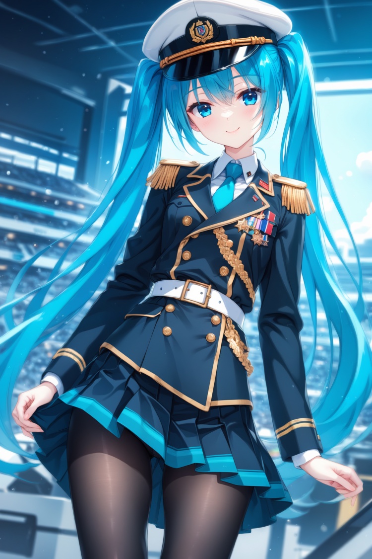 (masterpiece),(best quality),illustration,ultra detailed,hdr,Depth of field,(colorful),1girl, solo, hat, uniform, blue eyes, twintails, blue hair, military, hatsune miku, military uniform, pantyhose, belt, necktie, medal, peaked cap, long hair, skirt, smile, epaulettes, looking at viewer, black pantyhose
