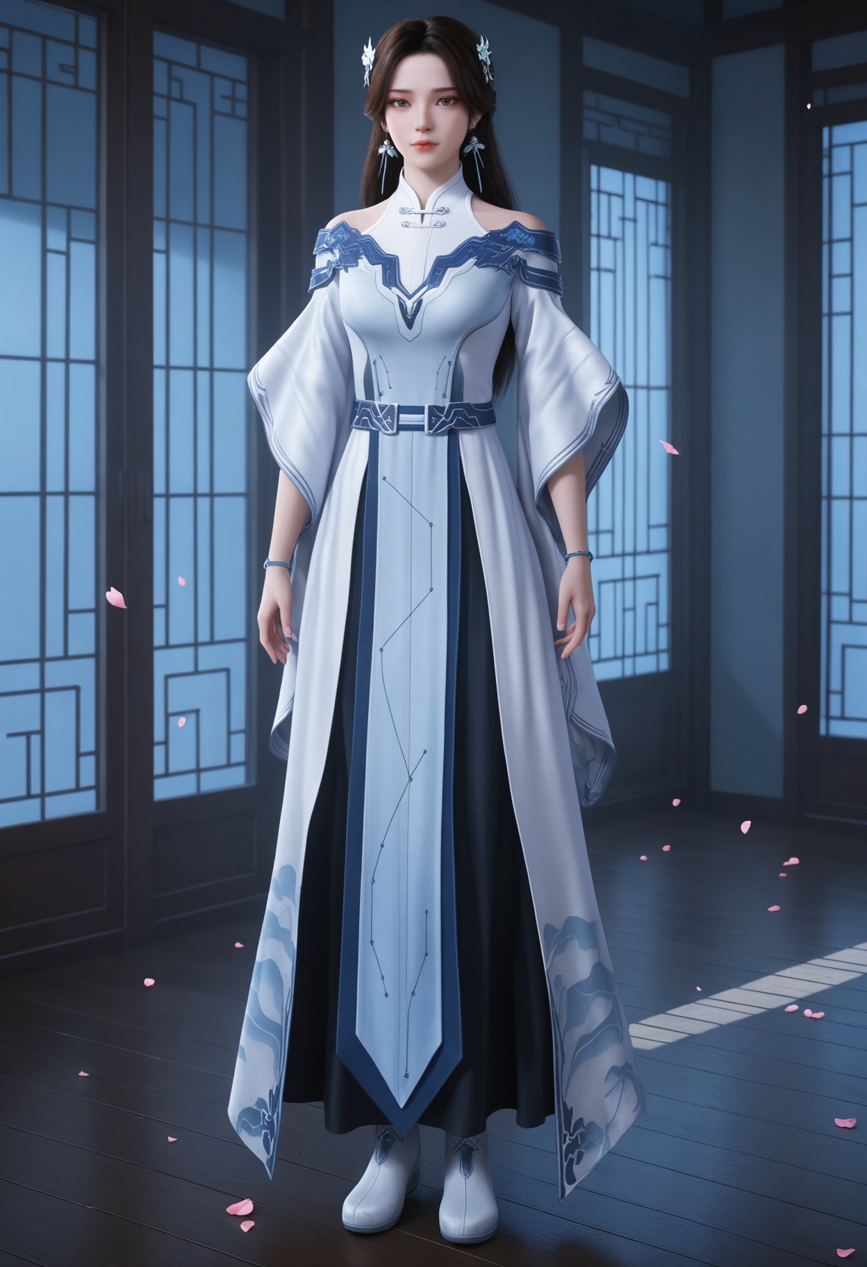 (standing full_body:1.1),(looking at viewer:1.1),masterpiece,(best quality),smog,Dark room,dim lighting,peach blossom,falling petals,<lora:YQ_Illustrious光辉v5_李小曼_V1:0.8>,q1528437228,1girl,solo,jewelry,dress,long hair,hair ornament,earrings,white dress,black hair,bracelet,brown hair,chinese clothes,white footwear,long sleeves,brown eyes,boots,blue eyes,wide sleeves,blue dress,grey footwear,hair flower,shoes,