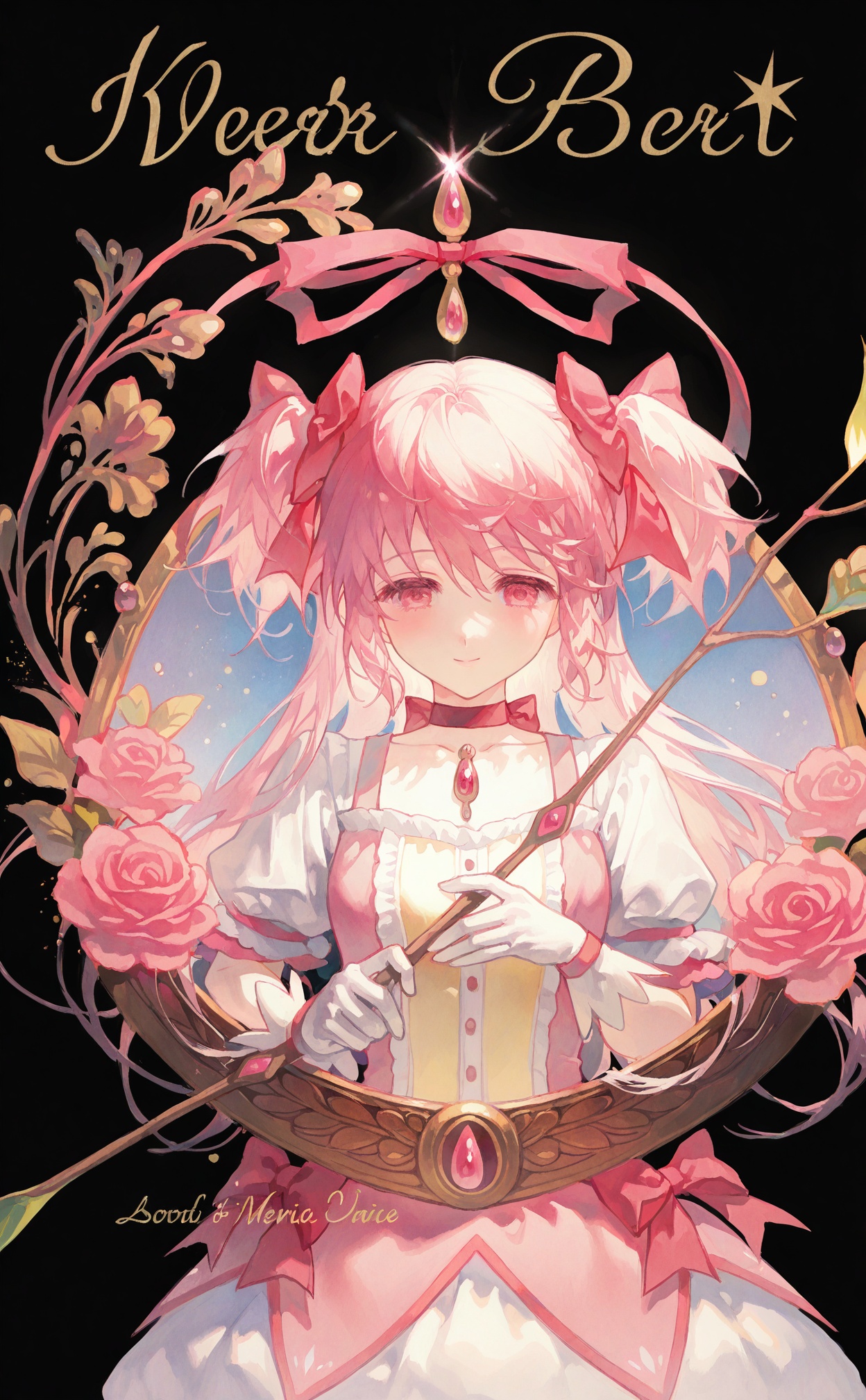 best, kaname madoka, soul gem, 1girl, solo, pink hair, pink rose, gloves, white gloves, pink gemstone, short sleeves, magical girl, rose, bow, puffy short sleeves, pink flower, flower, puffy sleeves, choker, hair bow, pink eyes, pink dress, long hair, pink bow, holding, two side up, bow choker, dress, red choker, short twintails, pink choker, black background, bow (weapon), pink theme, ultimate madoka, english text, smile, twintails, upper body, sparkle, closed mouth, dress bow, ribbon, gem, cover, pink ribbon, star (symbol), frills, collarbone, chest jewel, tears, hair ribbon, leaf, wand, straight-on, looking at viewer, bubble skirt, copyright name, branch, ribbon choker, weapon, cover page, skirt, arrow (projectile), frilled sleeves, holding bow (weapon), crying with eyes open, red bow, square neckline, very long hair, mirror, waist bow, holding wand, crying, character name, white skirt, hair between eyes, shirt, holding arrow, breasts, frilled dress, dated, artist name, white sleeves, light smile, holding weapon, pendant choker, looking at object, simple background, white dress, wings, doujin cover, picture frame, glint, half-closed eyes, bud, mixed-language text, thorns, red ribbon, blush, buttons, eyelashes<lora:lp49-000022:0.8>