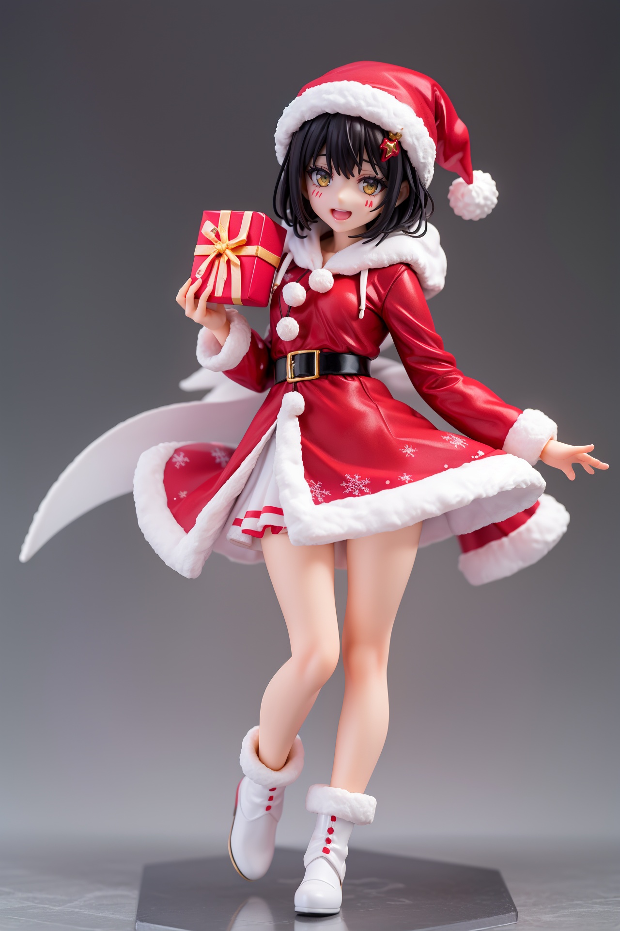pvc style,(red-long-santa-coat, white-silk-long-skirt-dress hooded-black-hair amber-yellow-eyes happy jester laugh-face painted girl is throwing a giftbox),figma,giftshop outdoors  (bokeh, beautiful diamond dust),snowflake,north star,full body,