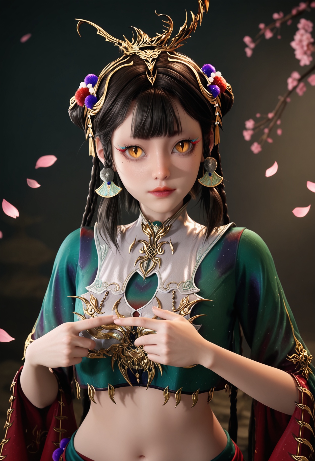 (upper_body:1.2),looking at viewer:1.1,masterpiece,(best quality),smog,Dark room,dim lighting,peach blossom,falling petals,<lora:YQ_Illustrious光辉v5_仙清儿_V1:0.8>,q1528437228,1girl,solo,hair ornament,black hair,braid,long hair,jewelry,makeup,earrings,chinese clothes,eyeshadow,mole under eye,brown hair,crop top,dress,yellow eyes,skirt,brown eyes,hair bun,hair rings,twin braids,multiple braids,double bun,green dress,blunt bangs,hair flower,long sleeves,red footwear,slit pupils,