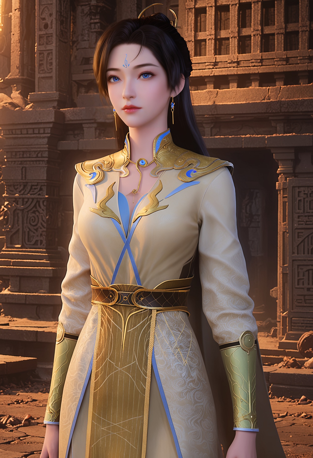 score_9,high detail,best quality,cinematic lighting,volumetric lighting,shiny skin,shiny,1girl,solo,blue eyes,earrings,jewelry,necklace,black hair,forehead mark,dress,breasts,belt,cape,realistic,long hair,hair ornament,yellow dress,lips,looking at viewer,<lora:QQSponyweiweiV1:0.8>,<lora:Pony_DetailV2.0:0.8>,<lora:皮肤凹痕:0.1>,