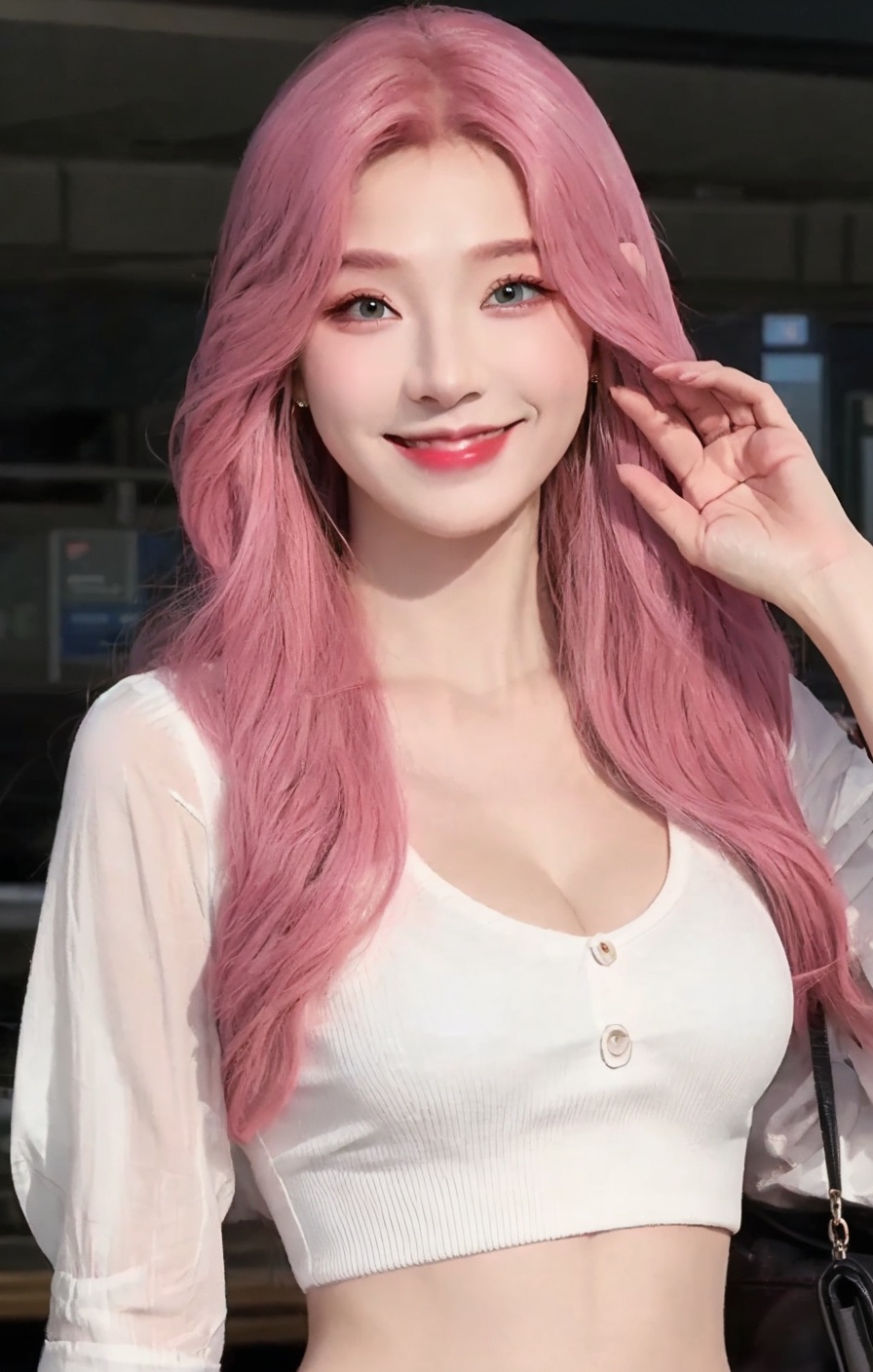 (Good structure),HDR,UHD,8K,A real person,Highly detailed,best quality,masterpiece,1girl,Highly detailed,ultra realistic 8k,(official art, beautiful and aesthetic:1.2),solo,1girl,Wind,flowing hair,kind smile,pose for picture,Dynamic pose,looking_at_viewer,perfect body,jujingyi,1girl,solo,jewelry,long hair,earrings,bag,handbag,shirt,crop top,midriff,smile,standing,<lora:salefenni:0.8>,salefenni,(macromastia),pink hair,blue pupils,heavy makeup,white clothes,exposed cleavage,