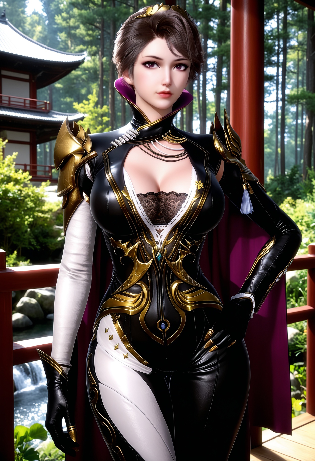 masterpiece,best quality,amazing quality,high resolution,ultra-detailed,absurdres,(looking at viewer:1.1),(moody lighting:1.1),forest,east_asian_architecture,stream BREAK large breasts,cleavage,huge ass,narrow waist,wide hips,zhuzhuyun,1girl,solo,short hair,brown hair,bodysuit,gloves,high collar,armor,purple eyes,cape,shoulder armor,hair ornament,makeup,clothing cutout,black bra,lace-trimmed bra,black gloves,high heels,(thick_thighs:1.1),standing BREAK photorealistic details,<lora:QQSillzhuzhuyunV1:0.8>,