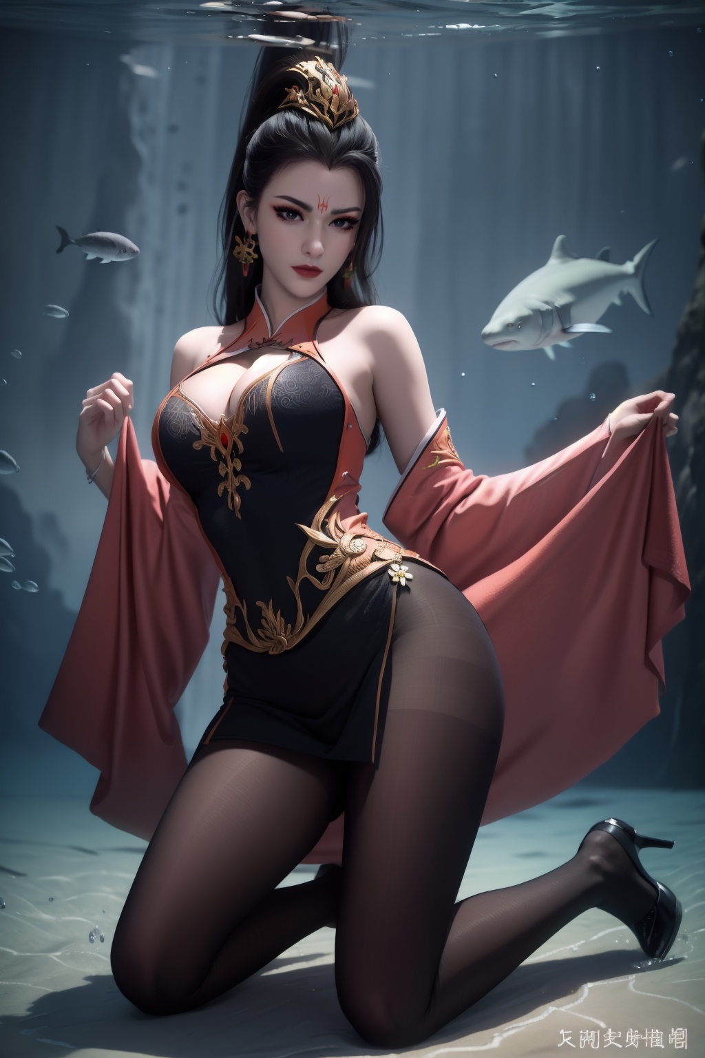 1girl,underwater,submerged,floating hair,air bubble,holding breath,see-through,masterpiece,best quality,highly detailed,fish,(wide hip:1.2),jellyfish,earrings,hair ornament,sea weed,coral reef,shark,sea turtle,sexy pose,kneeling,chinese dress,chinese clothes,large breasts,white laced black pantyhose,cleavage,forehead mark