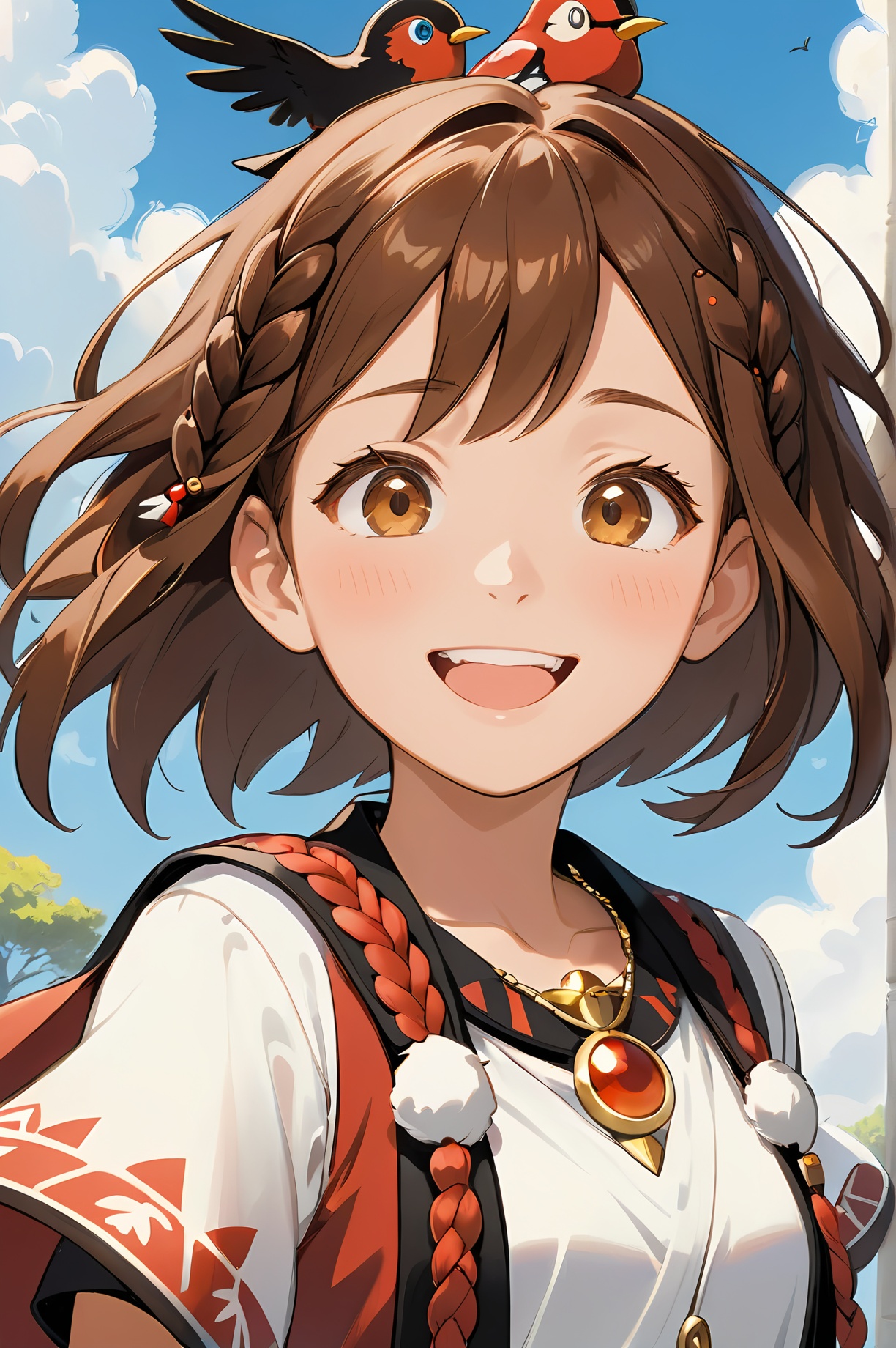 A magical girl in a red and black tribal outfit,with a bird perched on her head. A full art illustration in a flat anime style,her twin braids and jewelry adding to her charm. An upper body portrait of this unique character with one eye red,Girl Smiling Skyward,Studio Ghibli Film Style,Blushing,Joyous Expression,Promotional Film Still,Brunette Girl,Low Angle View,Charming Character Design,Zookeeper,Round-faced Character,Windy Scene,Medium Close Shot,Sunlit Scene,Excited Mood,Milk Element,Flying Hair,Opening Scene,Bashful Expression,Arik Roper Art Style,Solo Girl,Sky,Cloud,Brown Hair,Smile,Brown Eyes,Open Mouth,Blue Sky,Jewelry,Daytime,Shirt,Necklace,Viewer Engagement,White Shirt,Outdoor Scene,Short Hair,looking at viewer,