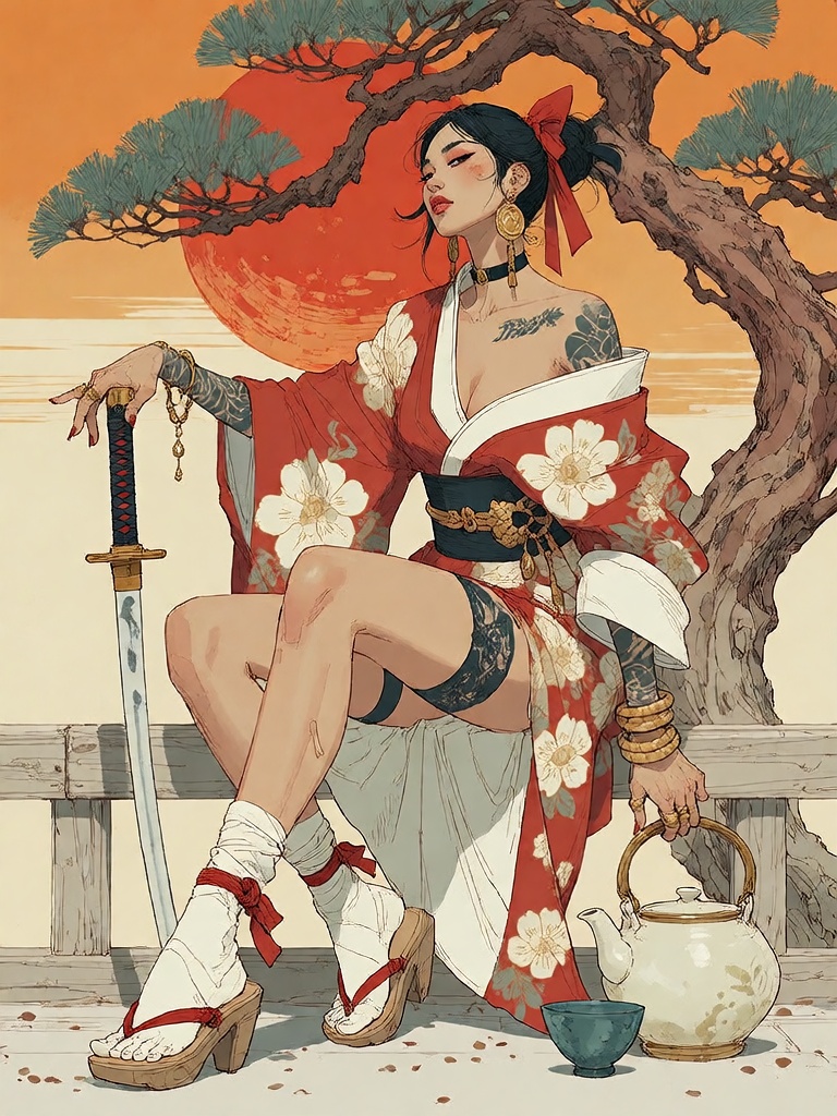 Bradhamel art style. A confident Asian woman with black hair tied back by a red bow,  wearing a red and white floral kimon...