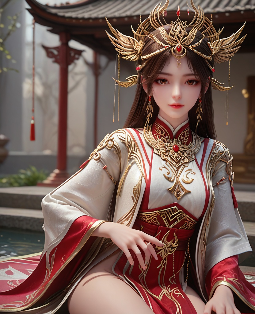 (oriental architecture, elegant decor, sophisticated style:1.1),Sitting with legs crossed and hands in prayer position,(breasts:1.2),<lora:XL16完美世界火灵儿祈福装:0.85>,miss huolinger,solo,white robe with red chiffon dress underneath,sash,black hair,hair ornament,long hair,brown eyes,red lips,white topwear,pelvic curtain,wide sleeves of red chiffon,jewelry,earrings,, zPDXL2, score_9, score_8_up, score_7_up BREAK realistic, masterpiece,best quality, highly detailed,, zPDXL3, zPDXL2,zPDXL, zPDXLxxx, zPDXLrl,