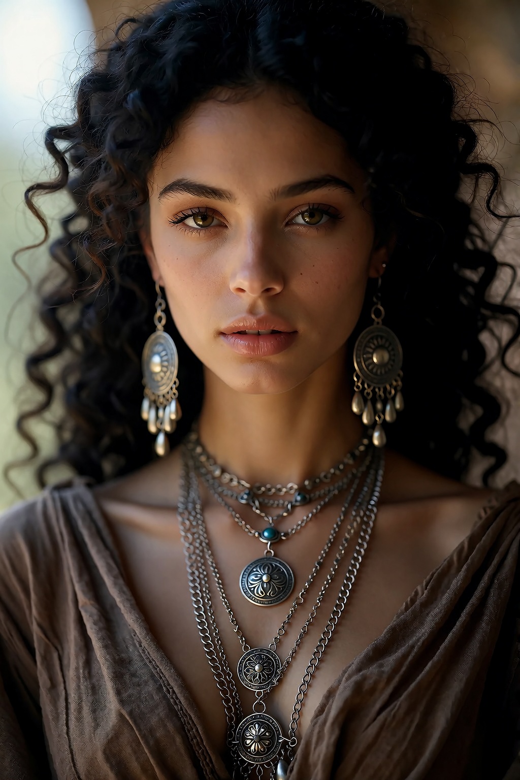 Bradhamel art style. A portrait of a woman with dark curly hair,  wearing a draped brown garment and layered ornate silver...