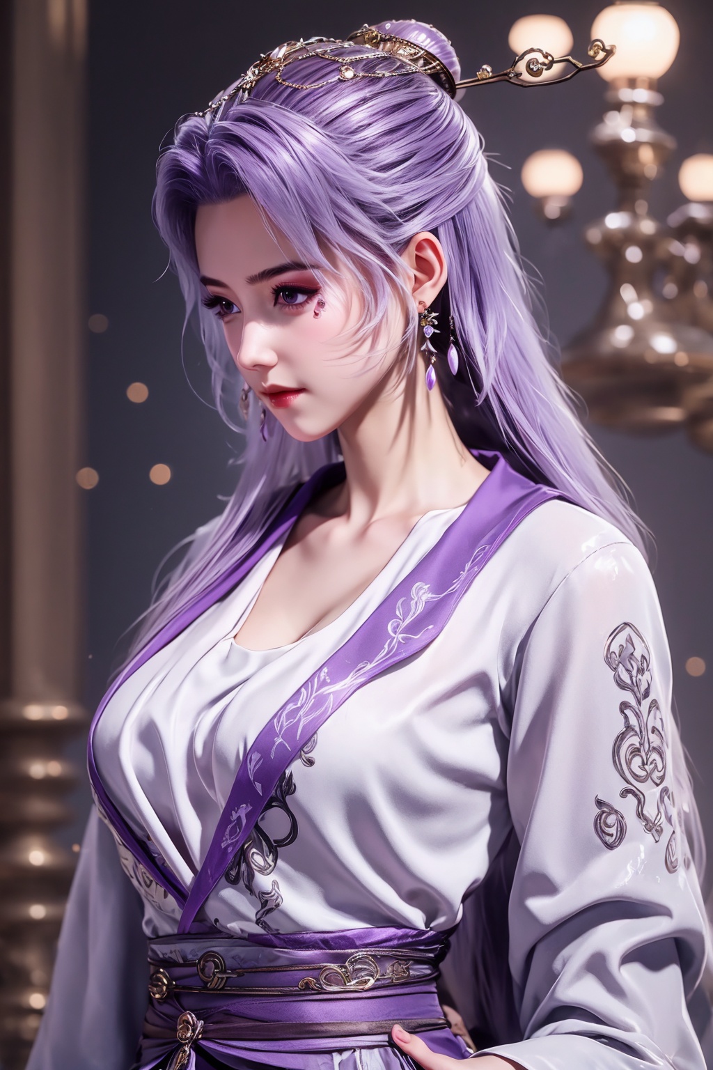 <lora:01云霄第一版:1>,1girl,solo,hair ornament,long hair,hair bun,upper body,jewelry,dress,earrings,single hair bun,chinese clothes,realistic,closed mouth,purple hair,