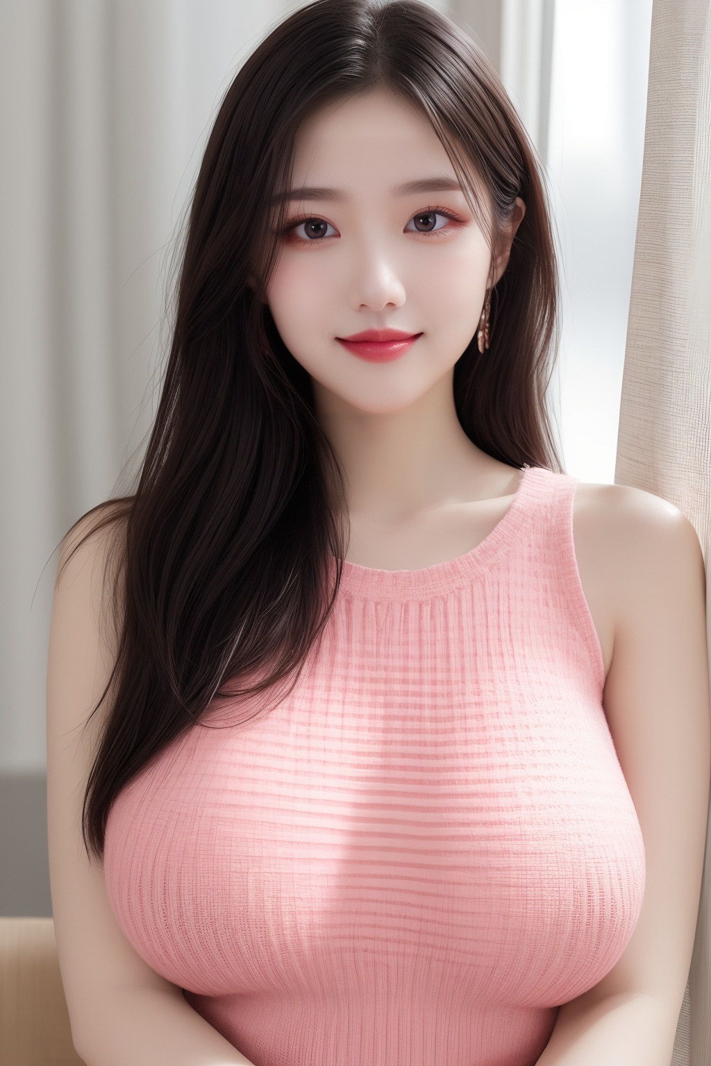 1girl, black hair,huge breasts, brown eyes, curtains, indoors, lips, lipstick, long hair, looking at viewer, makeup, pink sweater, sleeveless, smile, solo, sweater, upper body <lora:肉嘟嘟:0.8>