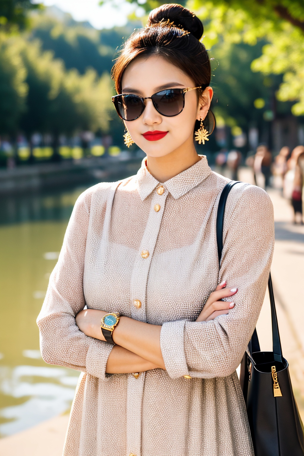 1girl, photo background, sunglasses, outdoors, realistic, jewelry, crossed arms, earrings, day, bag, watch, wristwatch, handbag, real world location, shirt, photorealistic, brown hair, solo, short hair, white shirt, lips, tree, solo focus, smirk, looking at viewer, blurry, black hair, long sleeves, buttons, upper body, river, building, standing, houlder bag, closed mouth, blurry background, people, pants, fashion, bracelet, tiara, lipstick, nature, single hair bun, makeup, dress