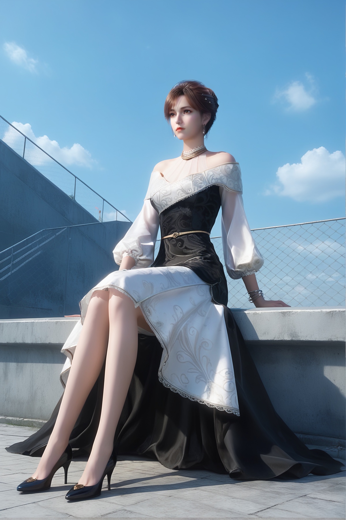 score_9,score_8_up,score_7_up,<lora:wy_xuxin_x_XL7.0:0.8>,brown hair,brown eyes,short hair,1girl,solo,jewelry,earrings,dress,realistic,fence,depth of field,sitting,simple background,white_background,bare_legs,black dress,asymmetric dress,white dress,