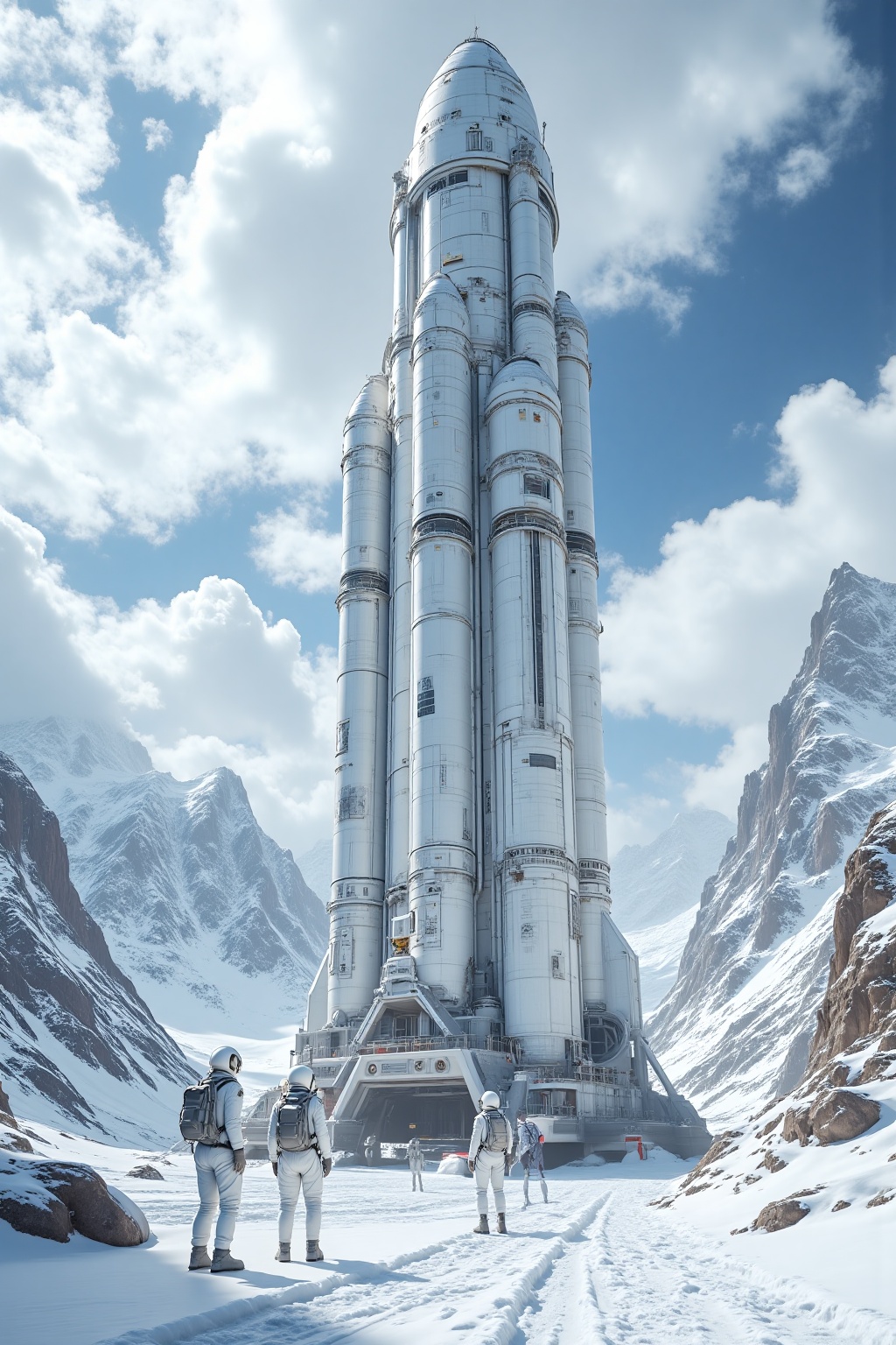 muse X,A CGI image depicts a futuristic, cylindrical spaceship resembling a rocket, towering amidst a snowy mountainous landscape. The ship is white with industrial textures and multiple cylindrical sections. Three astronauts in white suits and backpacks stand at the bottom, gazing up at the ship. The sky is partly cloudy, enhancing the dramatic, sci-fi atmosphere. 